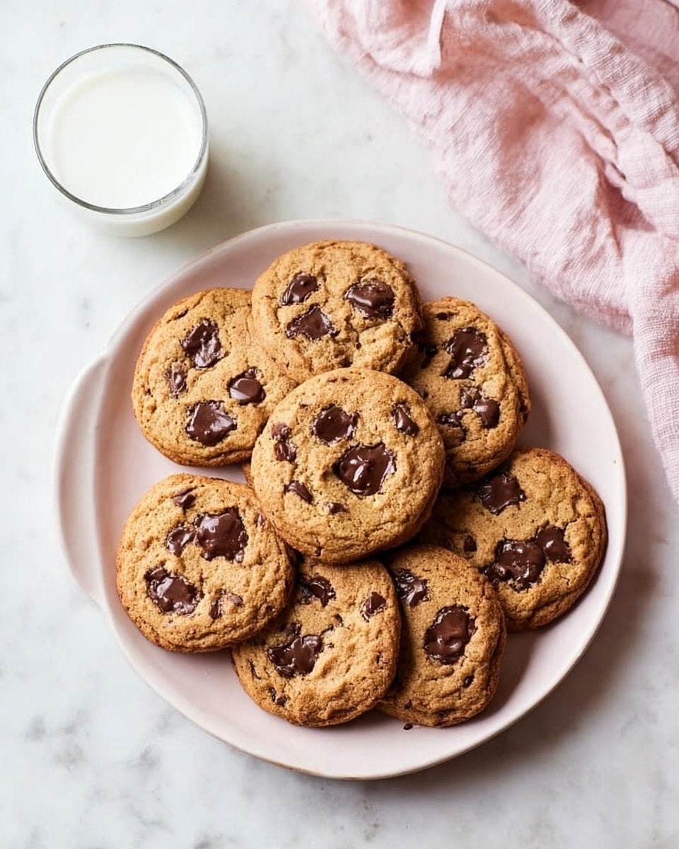 A white plate filled with seven golden brown cookies stacked closely together, each cookie showing melted dark chocolate chips on top, with a soft and slightly cracked texture. The plate sits on a white marbled surface, next to a clear glass of milk and a crumpled light pink cloth in the upper right corner. Photo taken with an iphone --ar 4:5 --v 7