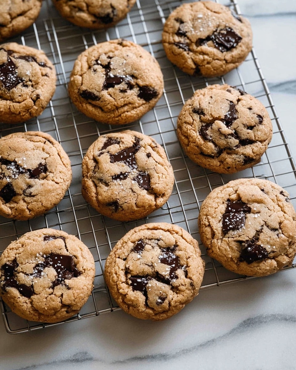 The image shows ten round chocolate chip cookies on a wire cooling rack placed over a white marbled surface. Each cookie is golden brown with dark chocolate chunks visible across the tops, showing a slightly cracked and soft texture. The cookies are evenly spaced and slightly thick, with the chocolate pieces melting slightly into the surface. The overall look is warm and freshly baked, with some sugar crystals faintly visible on top of the cookies. Photo taken with an iphone --ar 4:5 --v 7