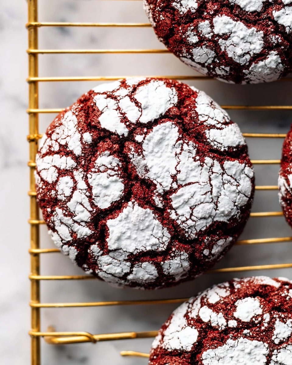 The image shows close-up views of three round cookies on a golden cooling rack placed over a white marbled surface. Each cookie has a rich, dark red base with a cracked texture and is generously dusted with white powdered sugar on top. The powdered sugar settles into the cracks, creating a striking contrast between the deep red and bright white colors. The cookies look soft and slightly thick, with a rough, uneven surface. Photo taken with an iphone --ar 4:5 --v 7