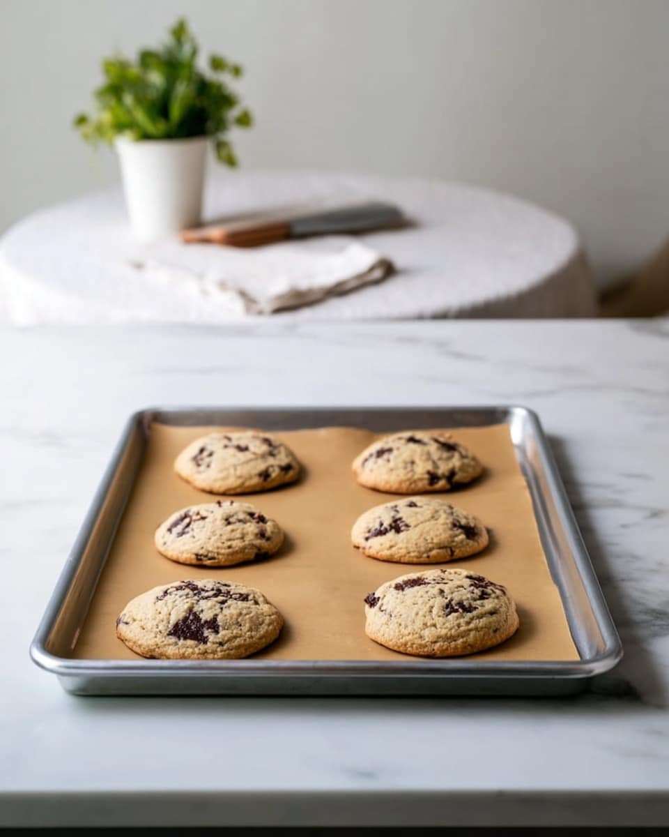 A metal baking tray holds six cookies, each round and slightly domed, with a golden brown color and dark chocolate chunks spread evenly throughout. The cookies rest on a sheet of brown parchment paper that lines the tray. The tray is placed on a white marbled countertop. In the background, a white marbled table with a white cloth and a potted green plant in a white pot sits against a plain white wall. Photo taken with an iphone --ar 4:5 --v 7