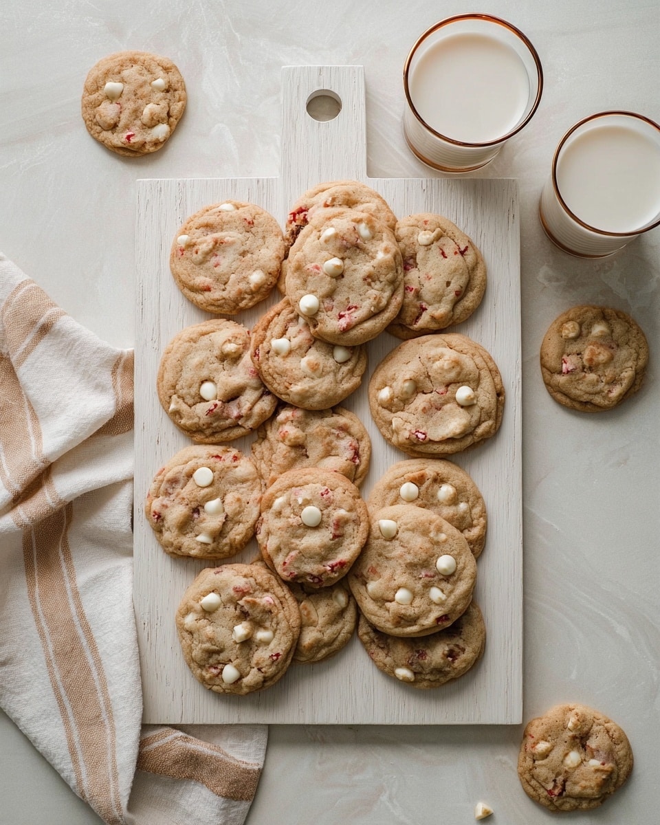 The image shows a white wooden board filled with fourteen round cookies. The cookies are light brown with visible white chips and small red bits embedded throughout, giving them a textured look. Around the board on the white marbled surface, there are three cookies scattered and two glasses filled with milk, with a thin brown rim around the glasses. A beige and white striped cloth napkin is folded and placed near the board. The setting is simple and clean. photo taken with an iphone --ar 4:5 --v 7