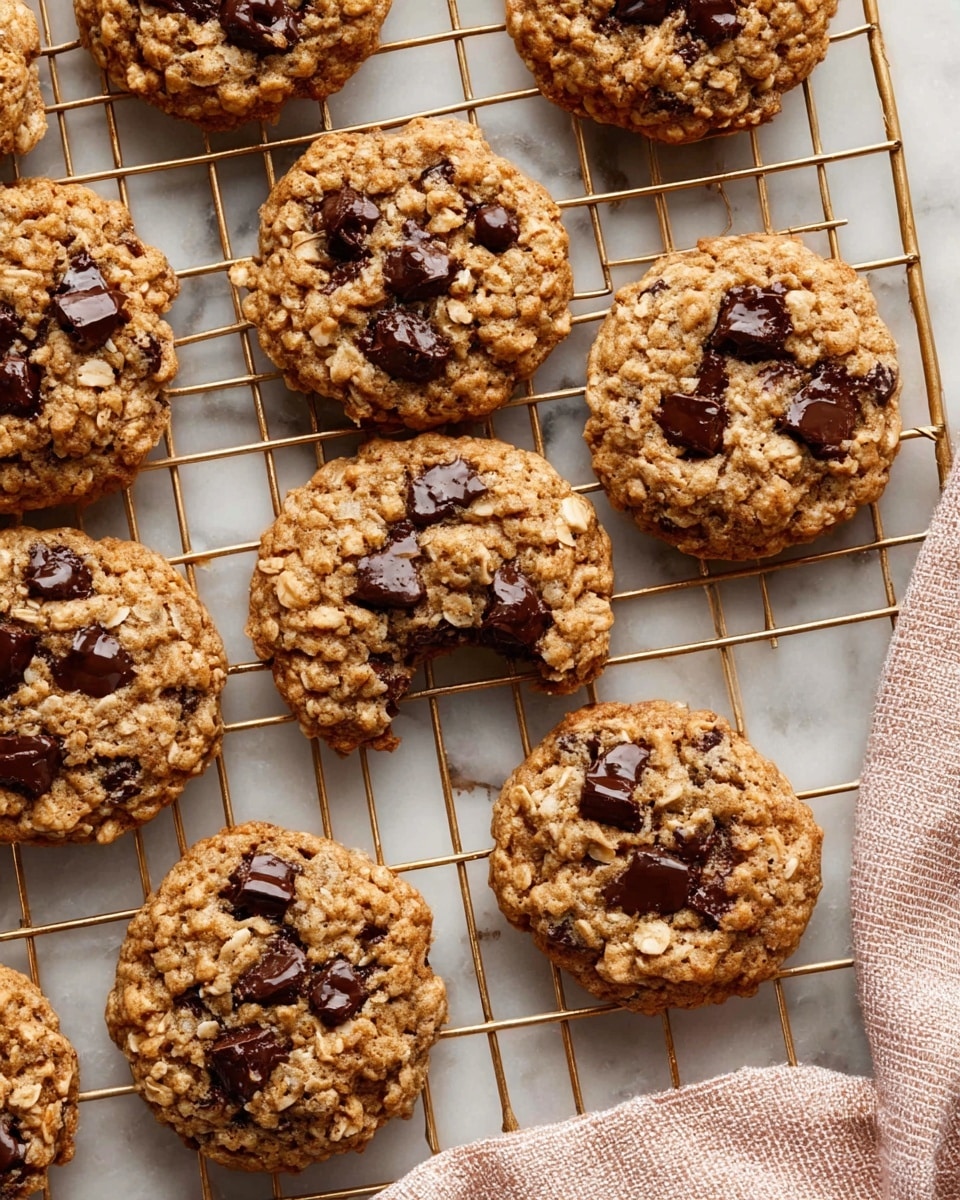 There are several round oatmeal chocolate chip cookies scattered on a golden cooling rack placed over a white marbled surface. Each cookie has a rough, textured surface with visible oats and dark chocolate chips embedded throughout. The cookies are light golden brown with clusters of chocolate chips on top, some of which are slightly melted. One cookie is missing a bite, showing its soft inside with chunks of chocolate. There is also a corner of a beige and pink cloth napkin on the bottom right. Photo taken with an iphone --ar 4:5 --v 7