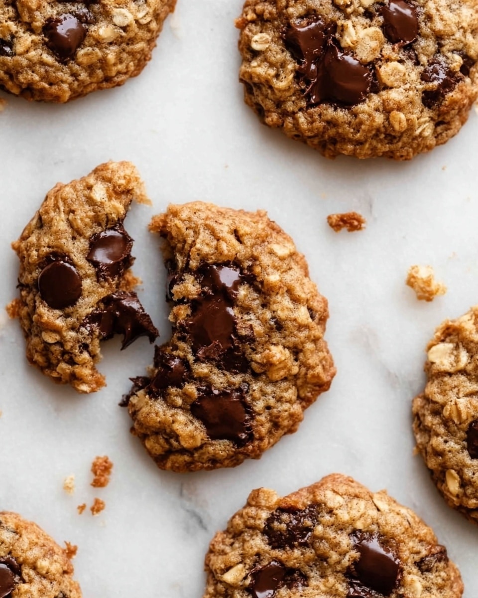 The image shows several round oatmeal chocolate chip cookies on a white marbled surface. Each cookie has a rough, textured surface made up of oats with dark brown melted chocolate chips scattered throughout. One cookie is broken into smaller pieces, showing its soft, slightly crumbly inside with some melted chocolate oozing out. The cookies have a warm golden brown color with darker brown spots where the chocolate chips are. Small crumbs are scattered around the cookies on the surface. photo taken with an iphone --ar 4:5 --v 7
