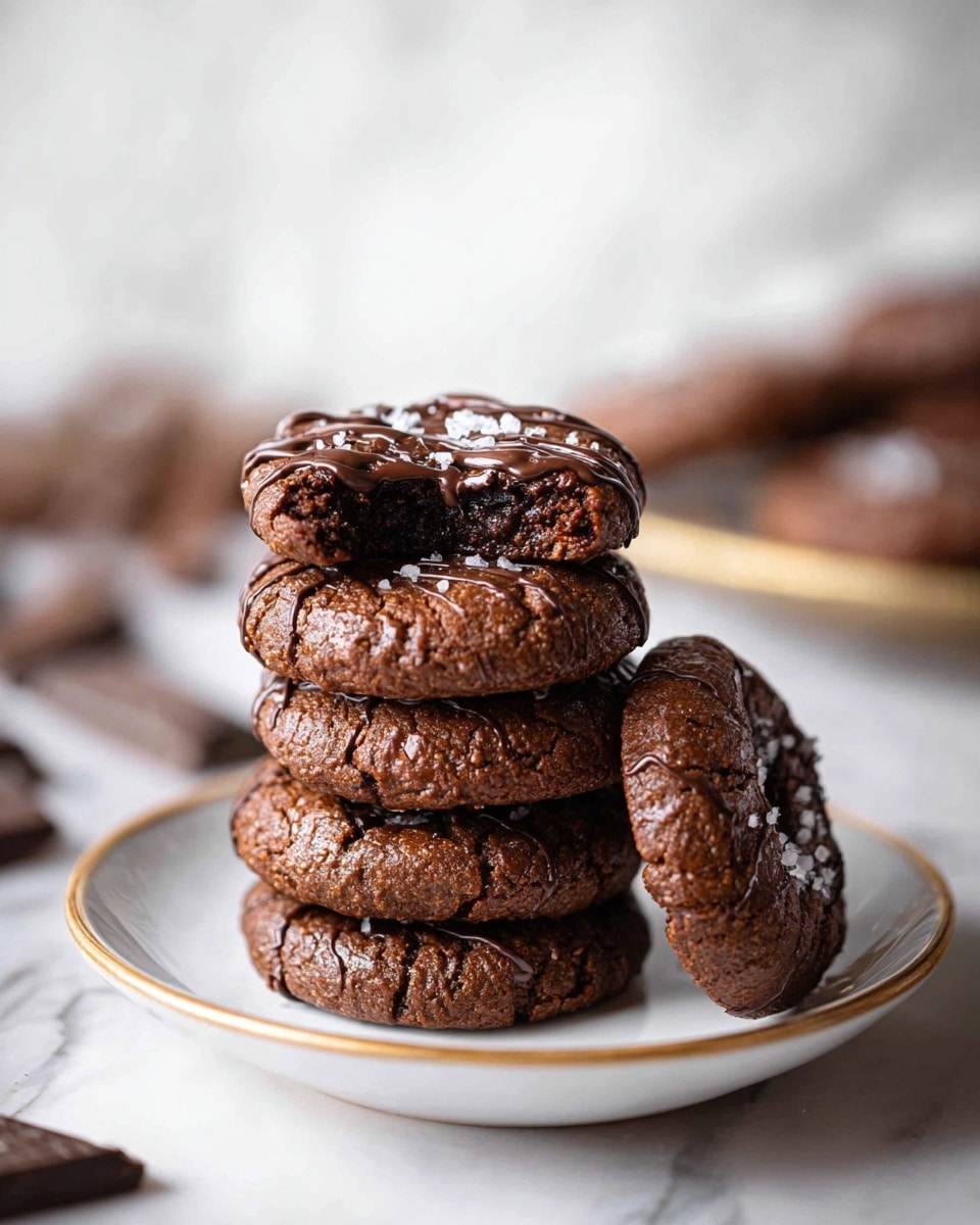 A stack of five round, thick chocolate cookies with a rough texture is placed on a white plate with a gold rim on a white marbled surface. The top cookie is bitten to show a soft and moist dark chocolate center. The cookies have shiny chocolate drizzles on top and a sprinkling of white sea salt flakes. One extra cookie leans against the stack on the right side. In the blurred background, there are more cookies and some pieces of dark chocolate. Photo taken with an iphone --ar 4:5 --v 7