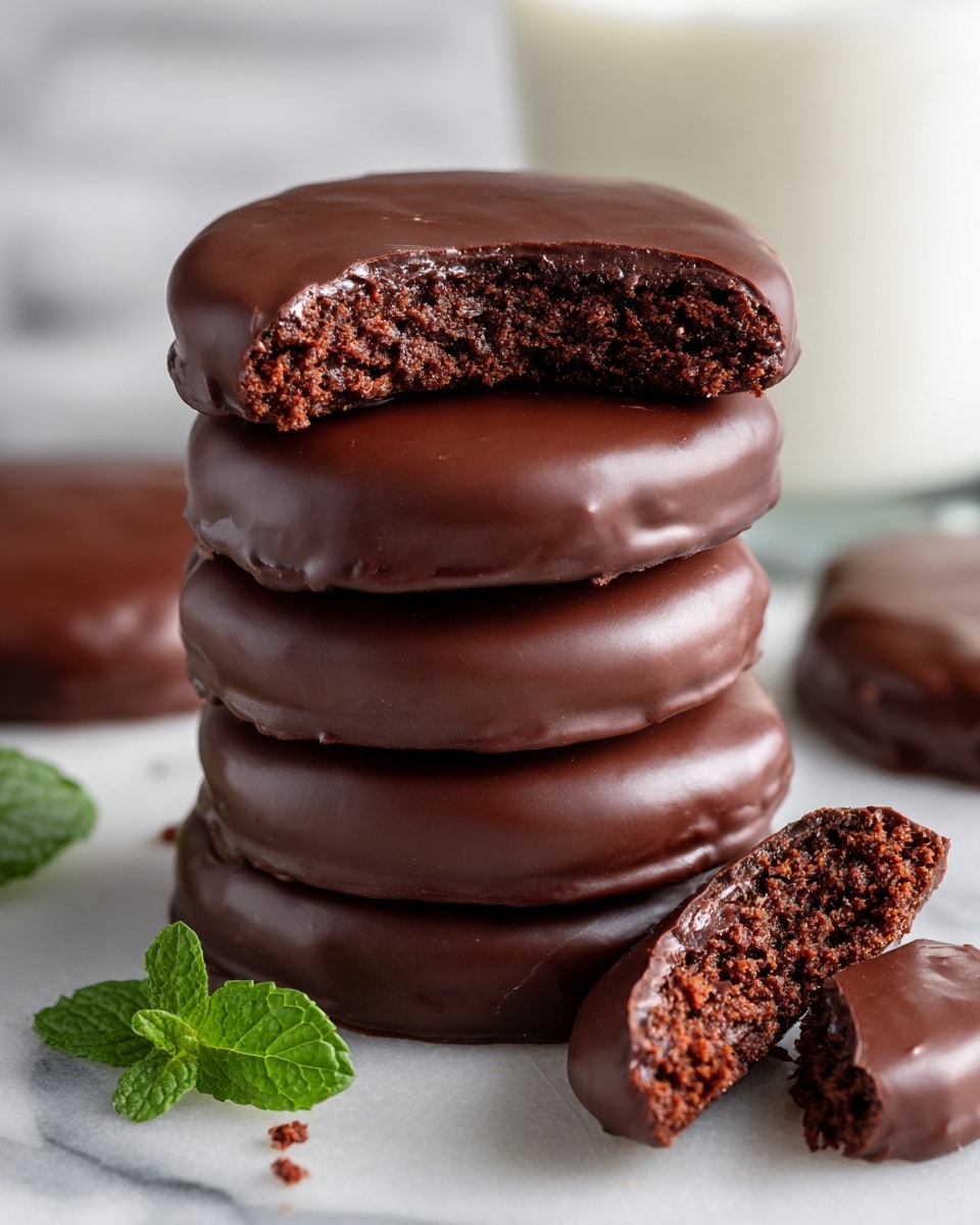 A tall stack of eight round chocolate-covered cookies sits on a white marbled surface. The top cookie is bitten showing a dense, dark brown inside texture. Each cookie is coated in smooth milk chocolate with a few small uneven spots. In the soft-focus background, a couple of similar chocolate cookies and a blurred green leaf are visible. The lighting is soft and natural, highlighting the glossy chocolate coating. photo taken with an iphone --ar 4:5 --v 7