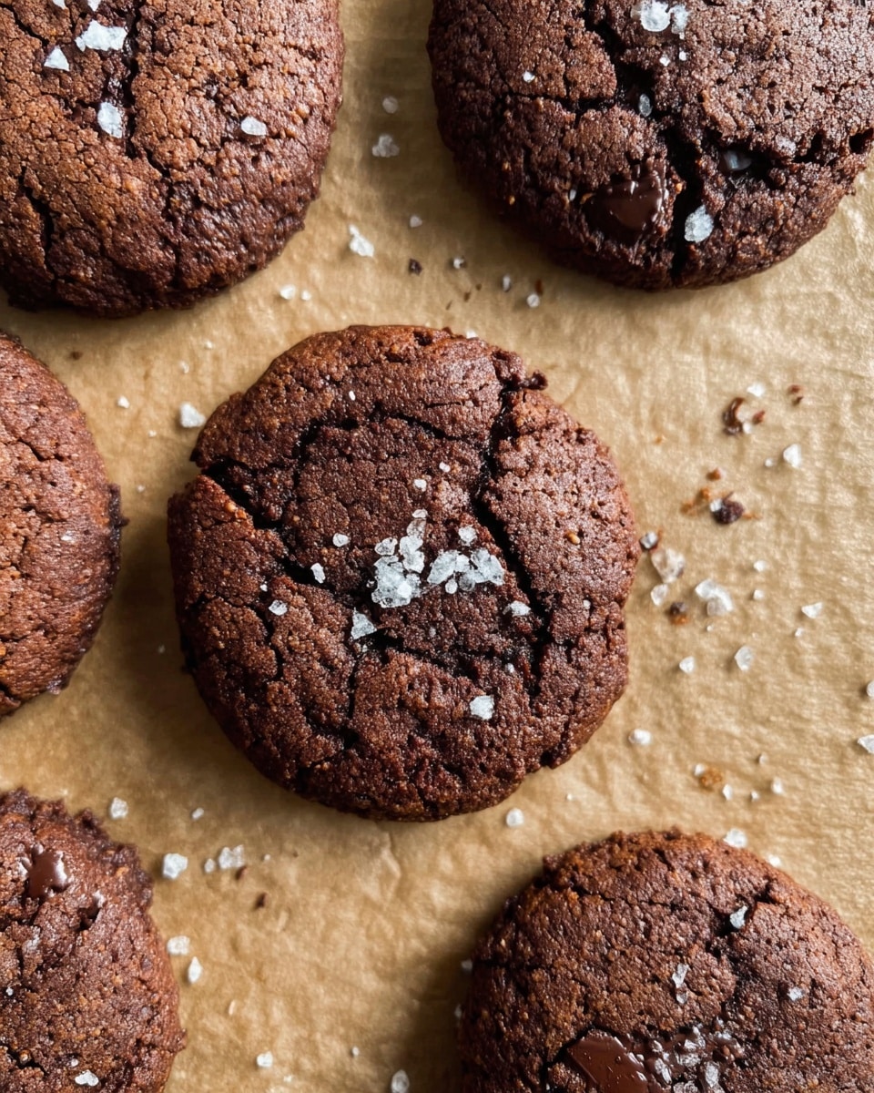 The image shows several round chocolate cookies with a cracked, slightly rough texture, each topped with small white salt flakes that add contrast. The cookies rest directly on a light brown parchment paper, with some flakes scattered around them. The close-up view highlights the rich dark brown color and dense look of the cookies, showing slight unevenness and small chocolate chunks within. The background is a white marbled texture. Photo taken with an iphone --ar 4:5 --v 7