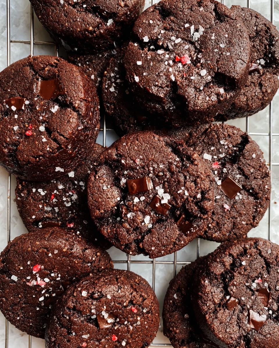 The image shows a cluster of round, thick chocolate cookies stacked closely on a cooling rack. Each cookie is dark brown with a rough, cracked surface lightly sprinkled with small sea salt flakes and tiny red specks. Large chunks of melted chocolate are scattered throughout the tops, creating darker patches with shiny textures. The cookies have a slightly uneven, homemade shape with soft edges and a dense, rich texture visible on each piece. The background beneath the cooling rack is a white marbled texture. photo taken with an iphone --ar 4:5 --v 7
