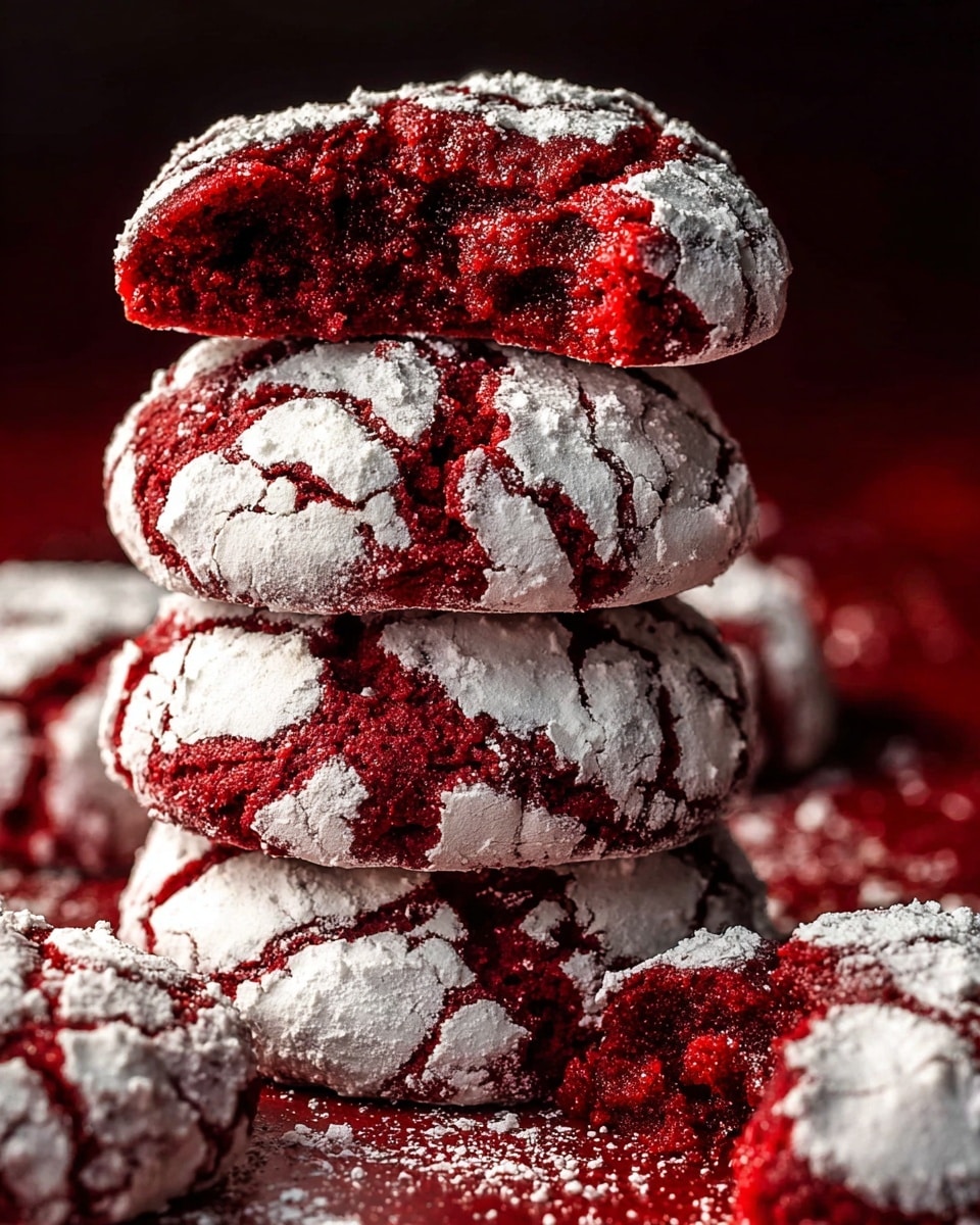 A stack of red velvet cookies covered with a layer of white powdered sugar that cracks apart to show the deep red color inside; the cookies have a rough, cracked texture with some powdered sugar scattered on the red marbled surface around them. photo taken with an iphone --ar 4:5 --v 7