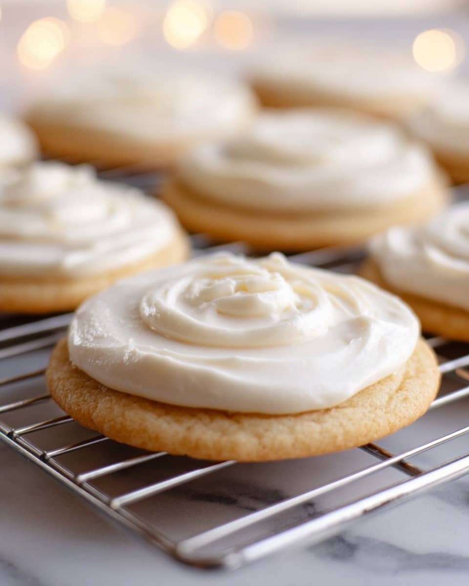 A close-up view of several round sugar cookies with a light golden bottom layer, each topped with a thick, smooth layer of creamy white frosting. The cookies are arranged on a silver metal cooling rack set on a white marbled surface, with a slight focus on the cookie in the front which shows some soft peaks and swirls in the frosting texture. The background is softly blurred with warm light spots, making the cookies stand out clearly. photo taken with an iphone --ar 4:5 --v 7