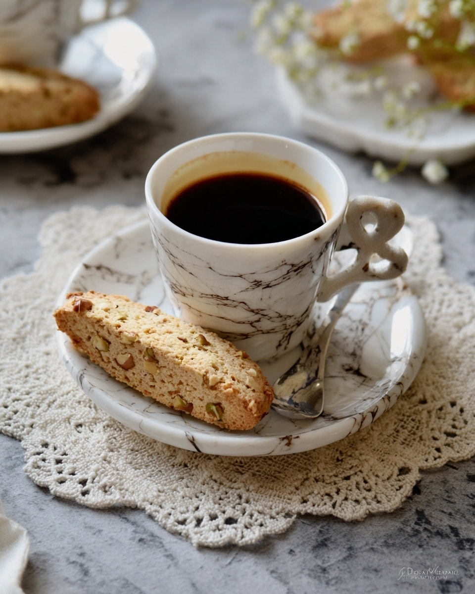 A white cup with a marbled pattern filled with black coffee sits on a matching white, marbled saucer. On the saucer, a light brown biscotti with small nuts is placed, showing a rough, crunchy texture. A silver spoon rests next to the cup’s handle, which is shaped like a small heart. The cup and saucer are on a white marbled surface with a delicate cream-colored lace doily underneath. In the background, another similar cup, saucer, and biscotti are slightly blurred. The overall setting shows a cozy and simple coffee moment. photo taken with an iphone --ar 4:5 --v 7