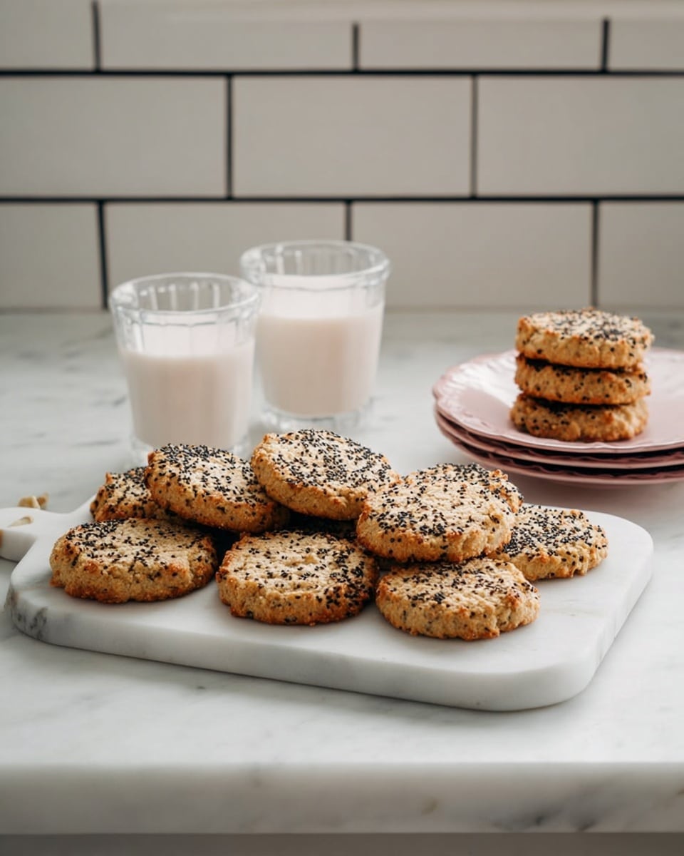A white marble cutting board holds nine round, light brown cookies sprinkled with black seeds, arranged closely together on a white marbled countertop. Behind the board, two small clear glasses filled with milk are placed, one to the left and one to the right. To the right, there is a stack of two white plates with three more cookies on top, arranged in a small pile. The background features white tiled walls with black grout lines. The scene is well lit with soft natural light. photo taken with an iphone --ar 4:5 --v 7
