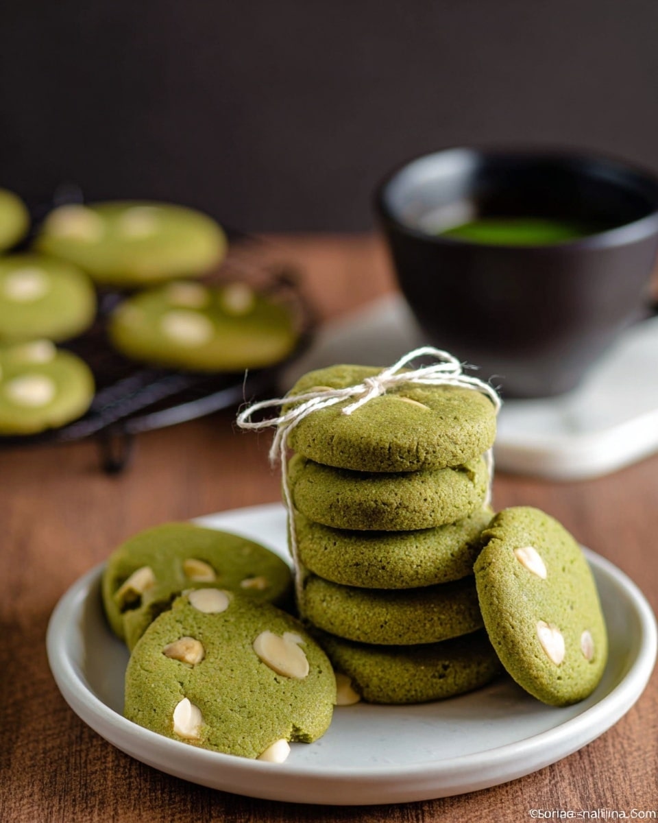 A stack of eight round green cookies tied with a white string sits center on a white plate, each cookie showing small white nut pieces embedded within. Three more green cookies with similar white nut pieces are spread out casually beside the stack, showcasing their smooth texture and slightly golden edges. In the blurred background, a black cup filled with dark liquid is positioned on a white marbled surface with a cooling rack holding more green cookies. The image has a warm and cozy feel. photo taken with an iphone --ar 4:5 --v 7