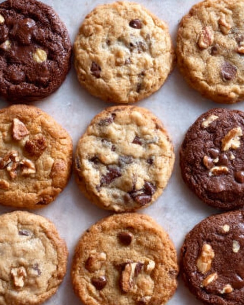 A white marbled surface holds nine cookies arranged closely together. There are three light brown cookies with visible chocolate chips evenly spread on top. Three other cookies are lighter in color, topped with pieces of nuts and chocolate chunks, with a rough texture. One cookie is darker brown, smooth with a shiny chocolate look and some chunks inside. Two cookies are very light brown with small chocolate bits scattered on the surface. The cookies differ slightly in size and shape but are mostly round and thick. Photo taken with an iphone --ar 4:5 --v 7
