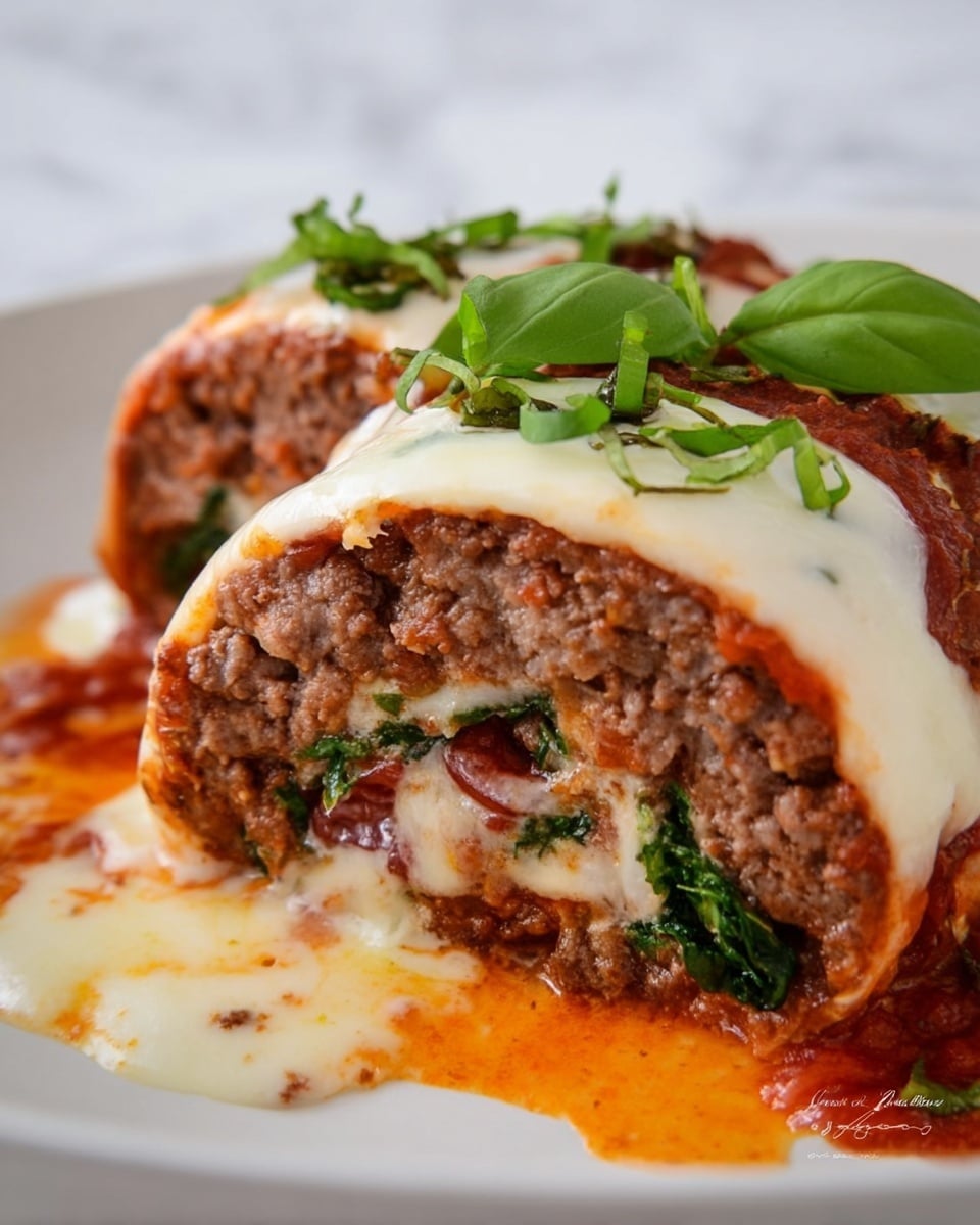 The image shows two thick slices of a rolled meat dish cut to reveal three main layers. The outermost layer is a smooth white melted cheese that drapes over the roll, with some orange-red sauce peeking beneath it. Inside this, there is a layer of cooked red tomato sauce that lightly coats the roll. The thickest, central layer consists of ground cooked meat, which looks tender and slightly crumbly with a brownish color. There are also pieces of green spinach and melted cheese tucked inside with some thin red strips, likely cured meat. Fresh green basil leaves sit on top, adding a bright contrast. The dish is served on a white plate over a white marbled surface. Photo taken with an iphone --ar 4:5 --v 7