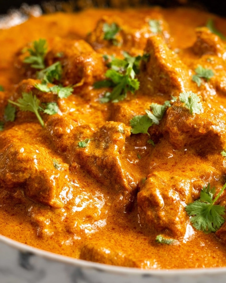 This image shows a rich, thick orange curry with pieces of meat covered in a smooth sauce. The curry has a creamy texture with a glossy shine, and small bright green cilantro leaves are scattered on top as garnish. The curry fills the frame closely, showing the mix of soft meat chunks and the thick, velvety sauce in between. The background has a subtle white marbled texture. Photo taken with an iphone --ar 4:5 --v 7