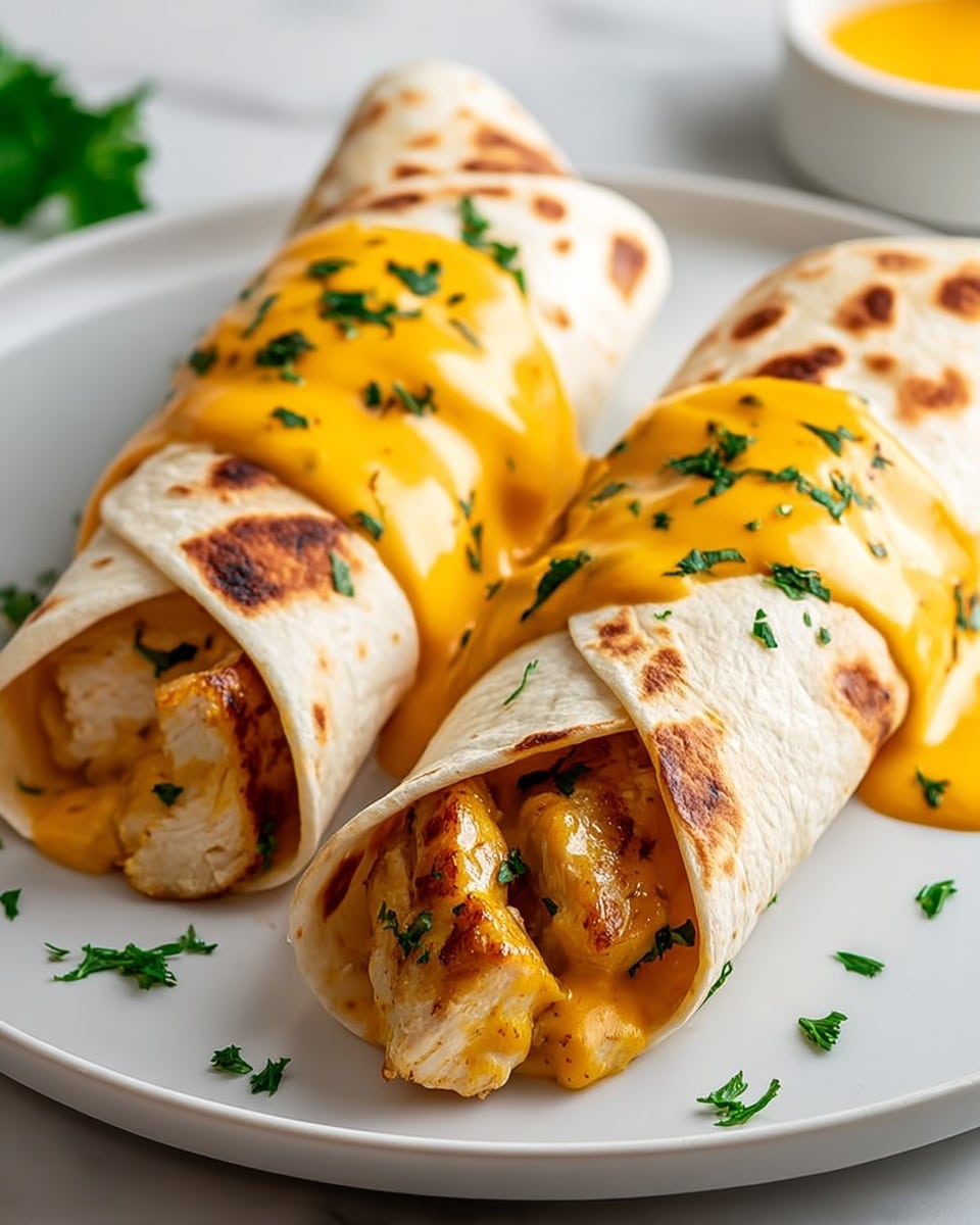 A soft white tortilla wrap is folded around a filling of cooked scrambled eggs mixed with melted yellow cheese, creating a thick middle layer. The wrap is topped with two sauces drizzled over it: a creamy light beige sauce and a bright orange sauce, both streaked across the center. Small green chopped herbs are sprinkled on top of the sauces and scattered around the white plate, adding fresh color. The plate sits on a white marbled surface. photo taken with an iphone --ar 4:5 --v 7