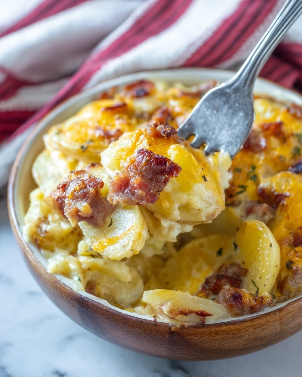 The image shows a close-up of a layered dish served in a white bowl, filled with soft, cooked potato slices at the bottom, topped with melted yellow and white cheese that looks creamy and smooth. Mixed within the cheese are pieces of browned sausage, adding a reddish-brown color and a slightly textured surface. A silver fork is digging into the dish, lifting a bite with layers of cheese-covered potato and sausage. The dish is placed on a white marbled surface with a red and white striped cloth in the background. Photo taken with an iphone --ar 4:5 --v 7