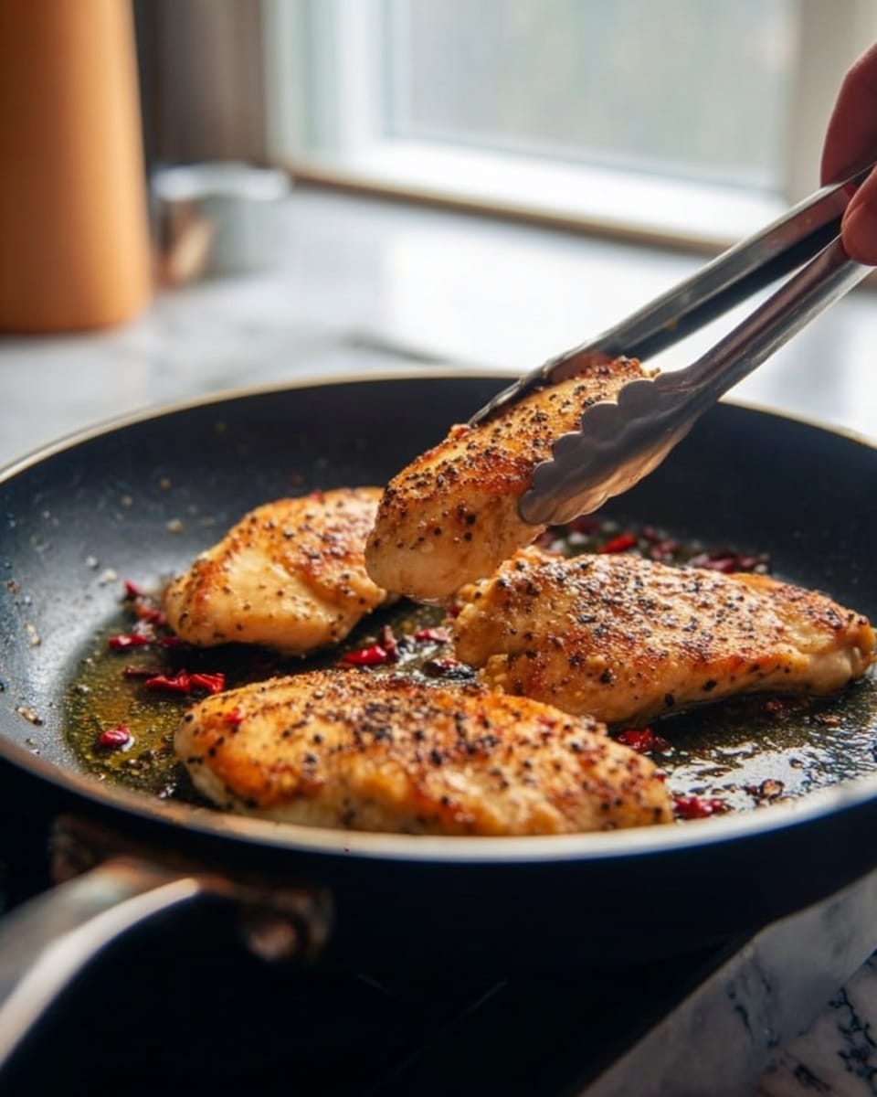 The image shows three golden brown pieces of seasoned chicken cooking in a black frying pan on a stove. The chicken pieces have a slightly crispy texture with visible black pepper and spices sprinkled on top. Small bits of red chili or pepper are scattered around the chicken in the pan. A woman's hand is holding silver metal tongs, lifting one piece of chicken. The background is softly lit by daylight coming through a window. The surface beneath the stove is a white marbled texture. Photo taken with an iphone --ar 4:5 --v 7