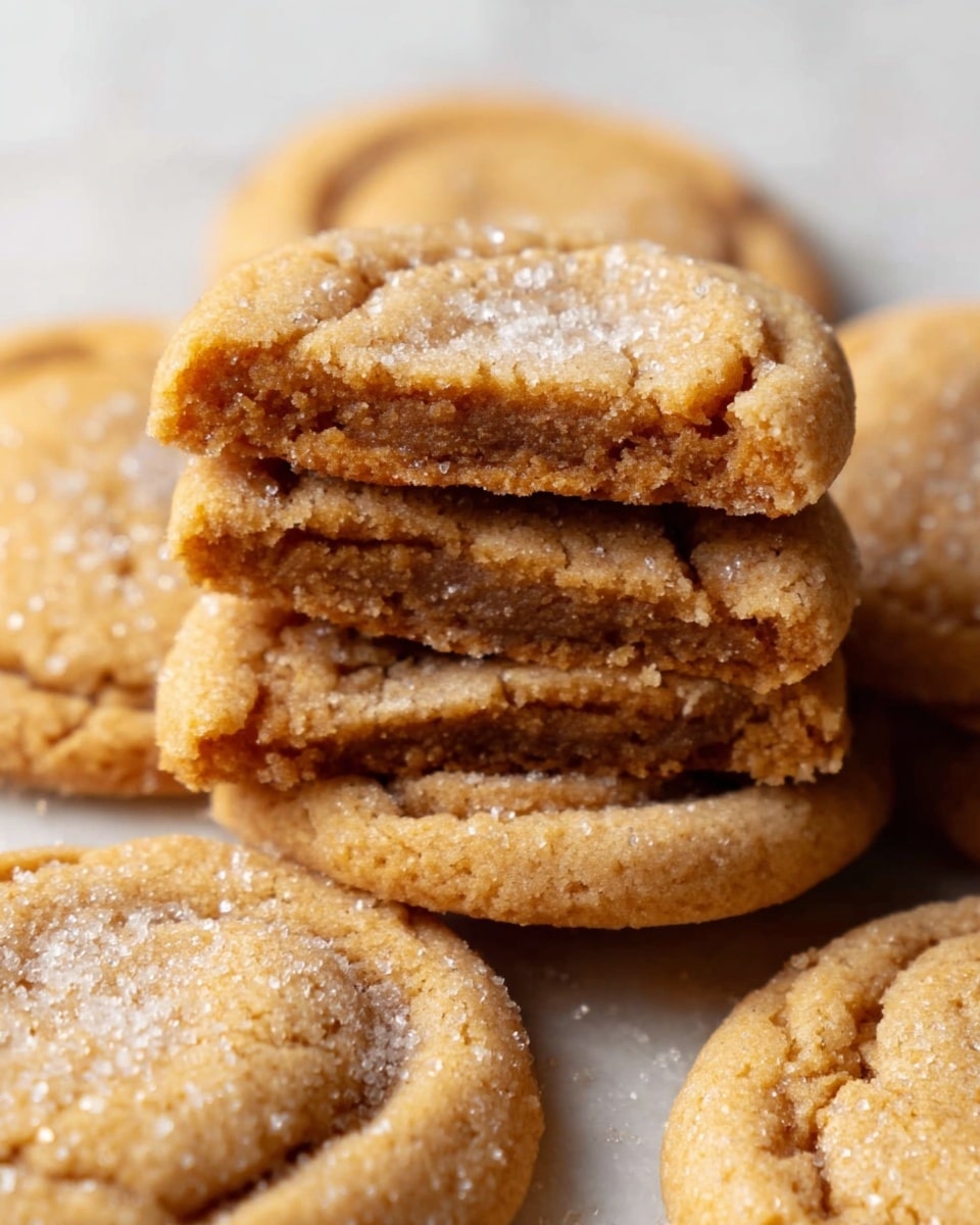 The image shows a pile of round cookies arranged on a white marbled surface. One cookie is broken into three layers stacked together, revealing a soft, dense inside with a slightly darker brown color than the outer edge. The cookies are golden brown with a slightly crisp edge, and each has a sprinkling of sugar crystals on top that catch the light. The texture looks soft but firm, with a few cracks visible on the surface of the whole cookies. photo taken with an iphone --ar 4:5 --v 7