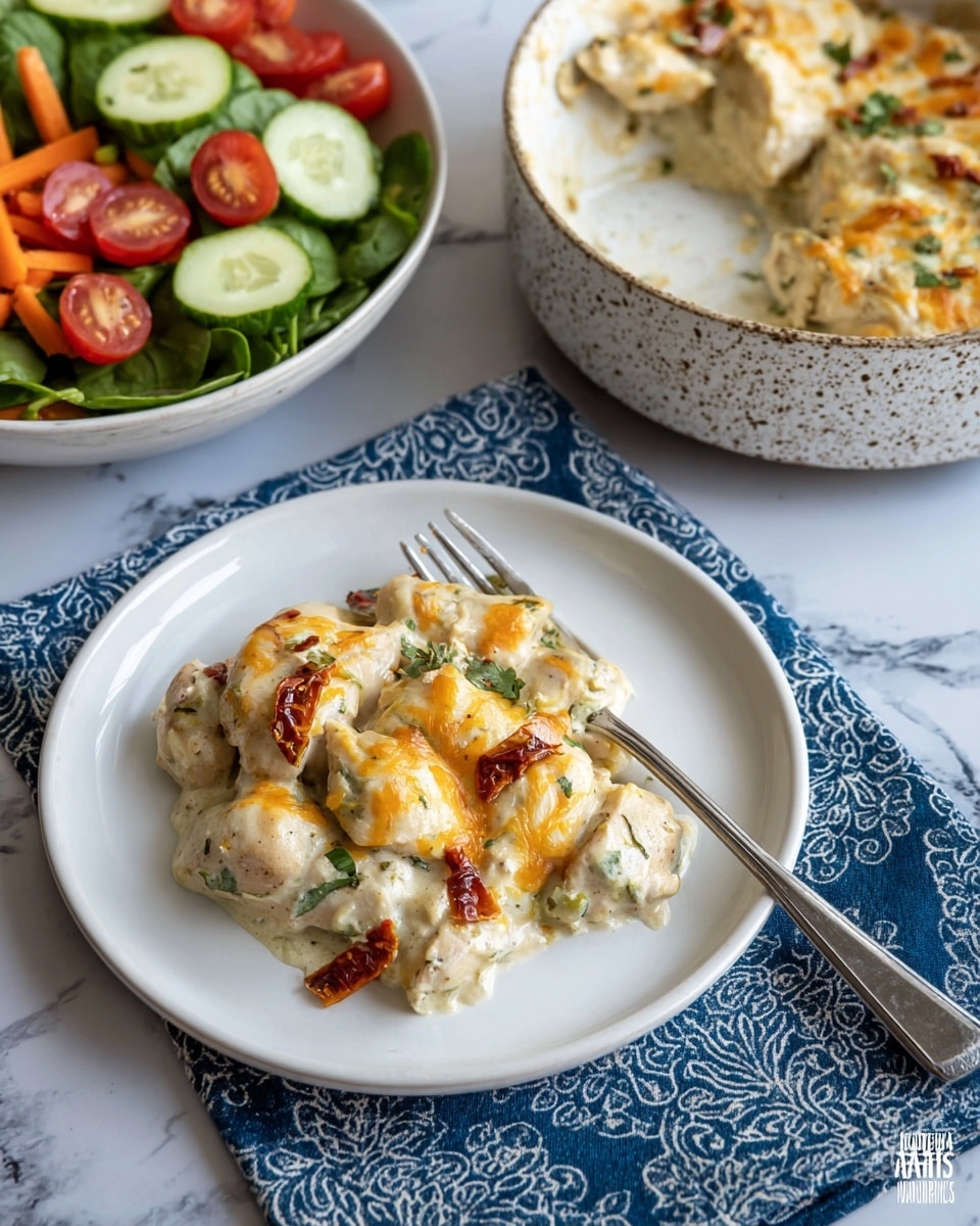 A white plate holds a creamy baked chicken dish with about two layers of tender chicken pieces covered in thick white sauce with herbs and melted orange-yellow cheese spots on top, garnished with small bits of crispy bacon and a few green herb sprinkles. To the top right, some more of the same creamy chicken dish sits in a speckled white bowl with a portion missing. To the left, a white bowl filled with a salad shows bright green spinach leaves, sliced cucumber, cherry tomatoes cut in halves, and shredded orange carrots. The scene is set on a white marbled surface with a blue and white patterned cloth under the plate, and a silver fork rests beside the food on the plate. Photo taken with an iphone --ar 4:5 --v 7