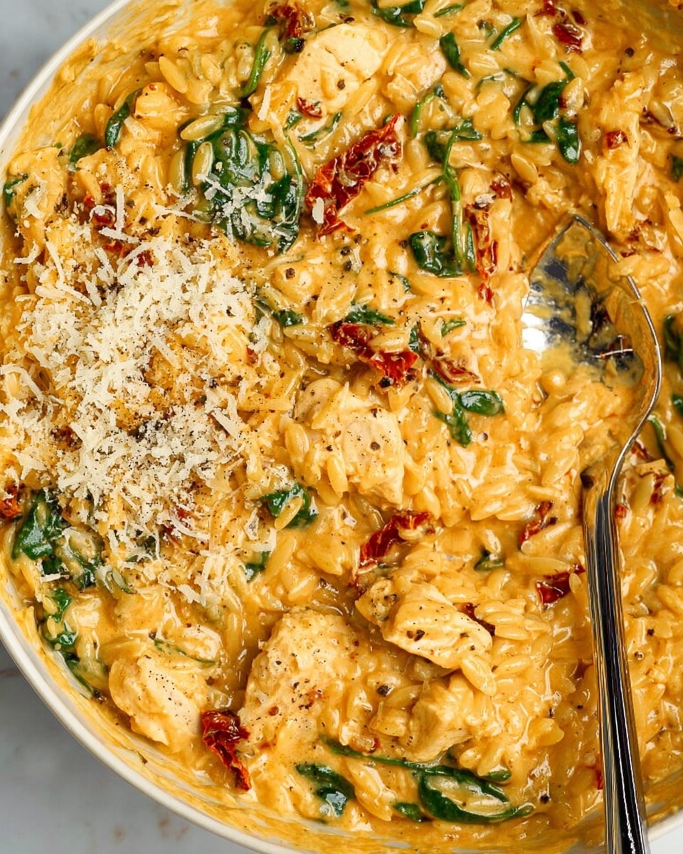 A close-up view of a creamy orange pasta dish in a silver pan placed on a white marbled surface. The dish has multiple layers: a thick creamy orange sauce mixed with pieces of cooked chicken and bright green spinach leaves spread throughout. There are also bits of red sun-dried tomatoes scattered in the layers. On top of the pasta, there is a sprinkle of grated light yellow cheese and a dash of black pepper in the center, adding texture and color contrast. The dish looks rich and thick with a mix of smooth sauce and chunky ingredients, filling the pan completely. photo taken with an iphone --ar 4:5 --v 7