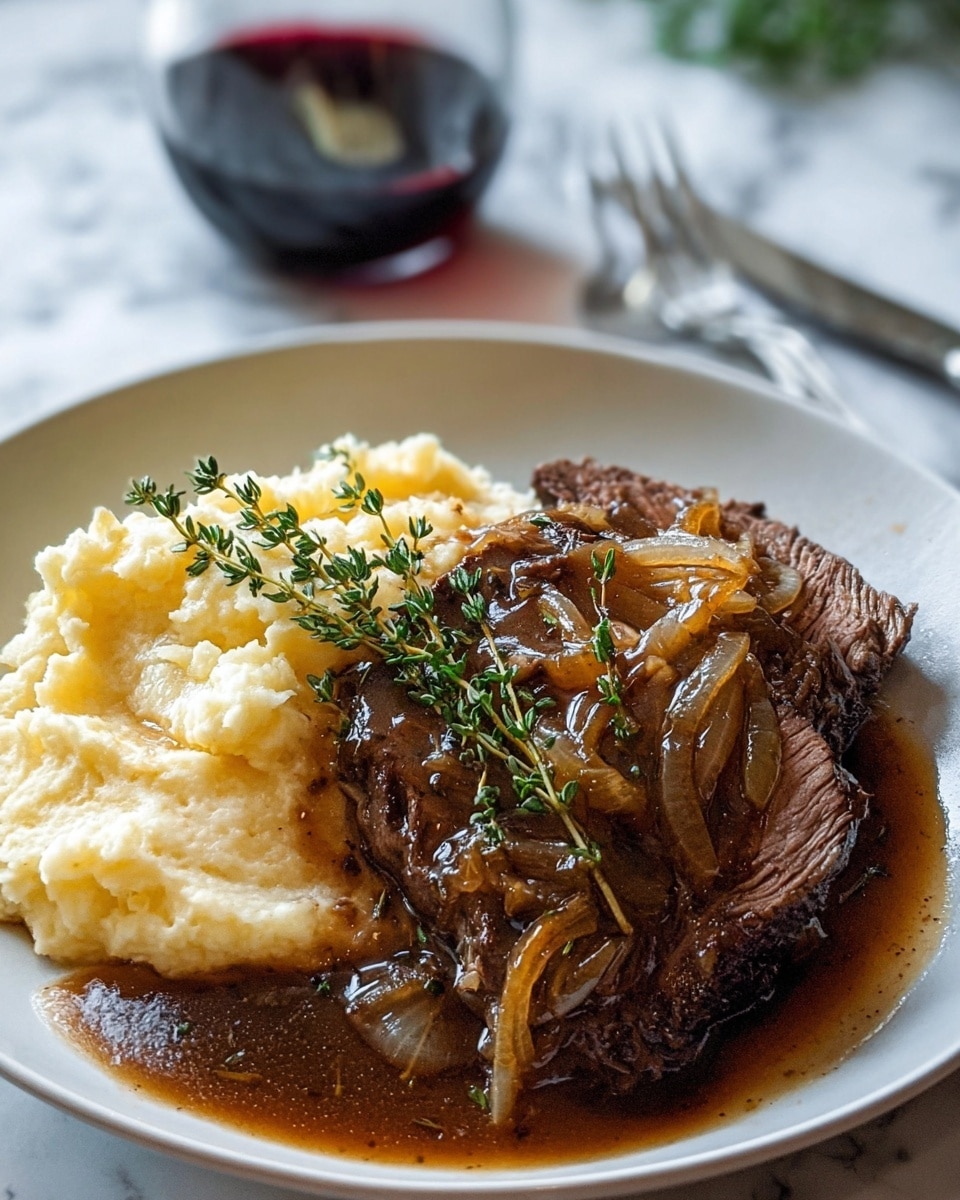 A white plate holds two main parts: on the left, a creamy, pale yellow mashed potato with a sprig of green thyme on top, showing a soft, smooth texture; on the right, two thick slices of dark brown roast beef covered with a glossy, rich brown gravy, with many translucent cooked onion slices spread around and on the meat; multiple fresh green thyme sprigs rest on top of the beef and onions; the plate is placed on a white marbled surface, with a fork lying behind the beef and a blurred glass of dark red wine in the background; photo taken with an iphone --ar 4:5 --v 7
