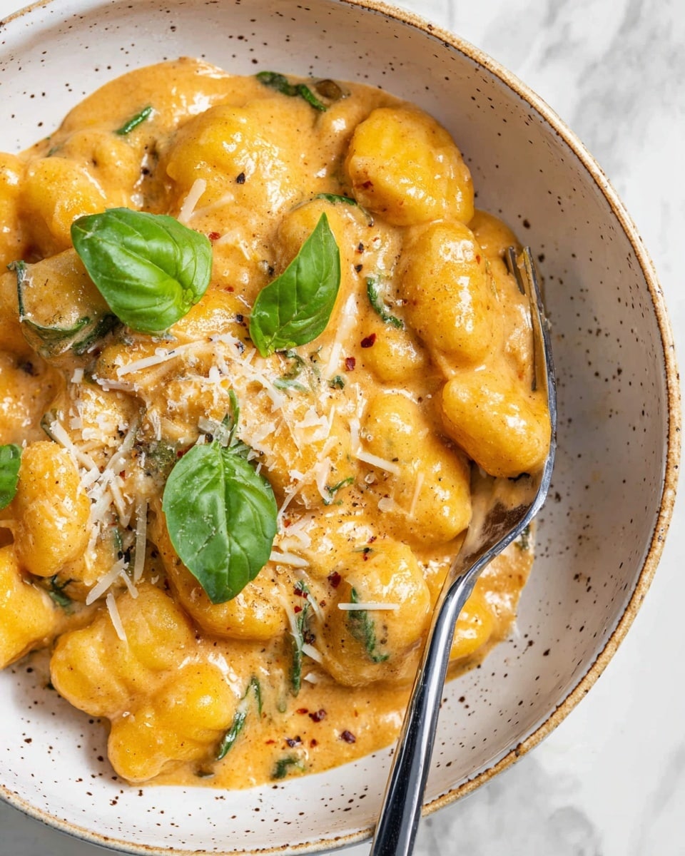 This dish shows small gnocchi pieces covered in a thick, creamy orange sauce. The sauce looks smooth with visible small spices and bits of green spinach mixed in. There is a light sprinkling of grated white cheese on top of the gnocchi, adding texture. A few fresh green basil leaves are placed on top for decoration. The dish is served in a white bowl with small brown speckles, and a fork is resting inside the bowl on the right side. The background surface is a white marbled texture. photo taken with an iphone --ar 4:5 --v 7
