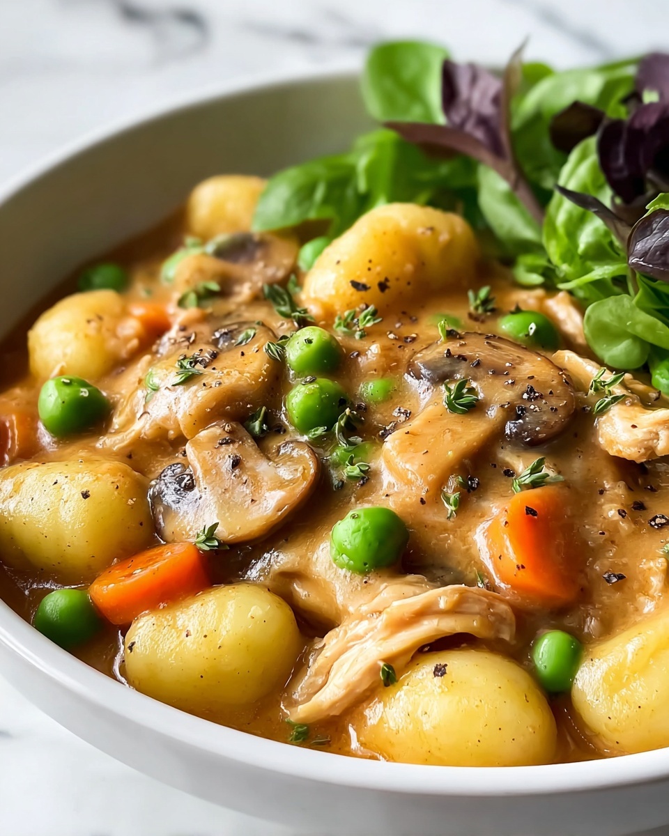 A close-up of a white bowl filled with thick stew that has three main layers visible: at the bottom, small round gnocchi-like pieces in a pale yellow color; in the middle, a creamy light brown sauce with whole green peas, sliced brown mushrooms, and round orange carrot pieces mixed in; on top, shredded light beige pieces of chicken-like meat with small green herb sprigs sprinkled and crushed black pepper. The bowl rests on a white marbled surface with fresh green leafy lettuce visible on the side. Photo taken with an iphone --ar 4:5 --v 7