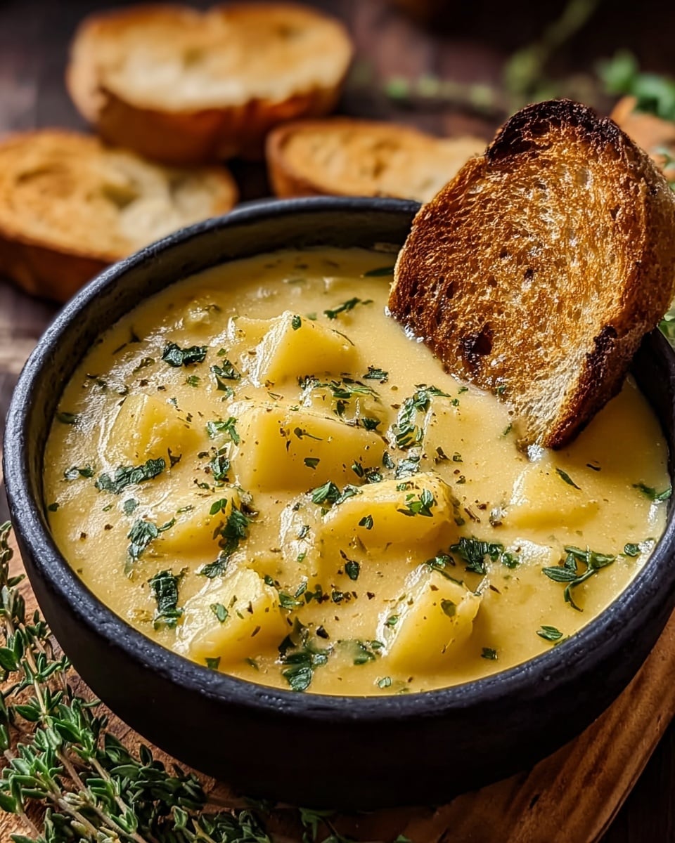 A round white bowl filled with creamy beige soup as the base layer, topped with small golden brown toasted bread cubes placed in the center. On top of the soup, there is a layer of shredded yellow cheese scattered evenly, and small green herb sprigs spread around the toasted bread. Black pepper specks are lightly sprinkled over the entire surface. The bowl sits on a dark cloth on a white marbled surface. Photo taken with an iphone --ar 4:5 --v 7