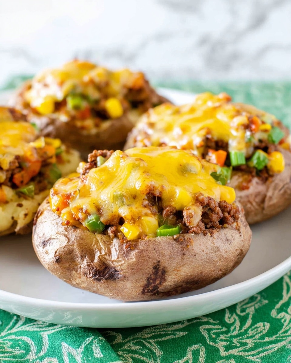 Three baked potatoes are placed on a white plate, each potato split open and filled with multiple layers. The base layer is the light brown potato skin and soft insides. On top is a mix of cooked ground meat with diced green and orange vegetables, and sweet corn kernels visible, adding pops of color. The final layer is melted bright yellow cheddar cheese, covering the filling unevenly and showing gooey texture. The plate rests on a table with a green patterned cloth underneath and a soft white marbled surface in the background. photo taken with an iphone --ar 4:5 --v 7