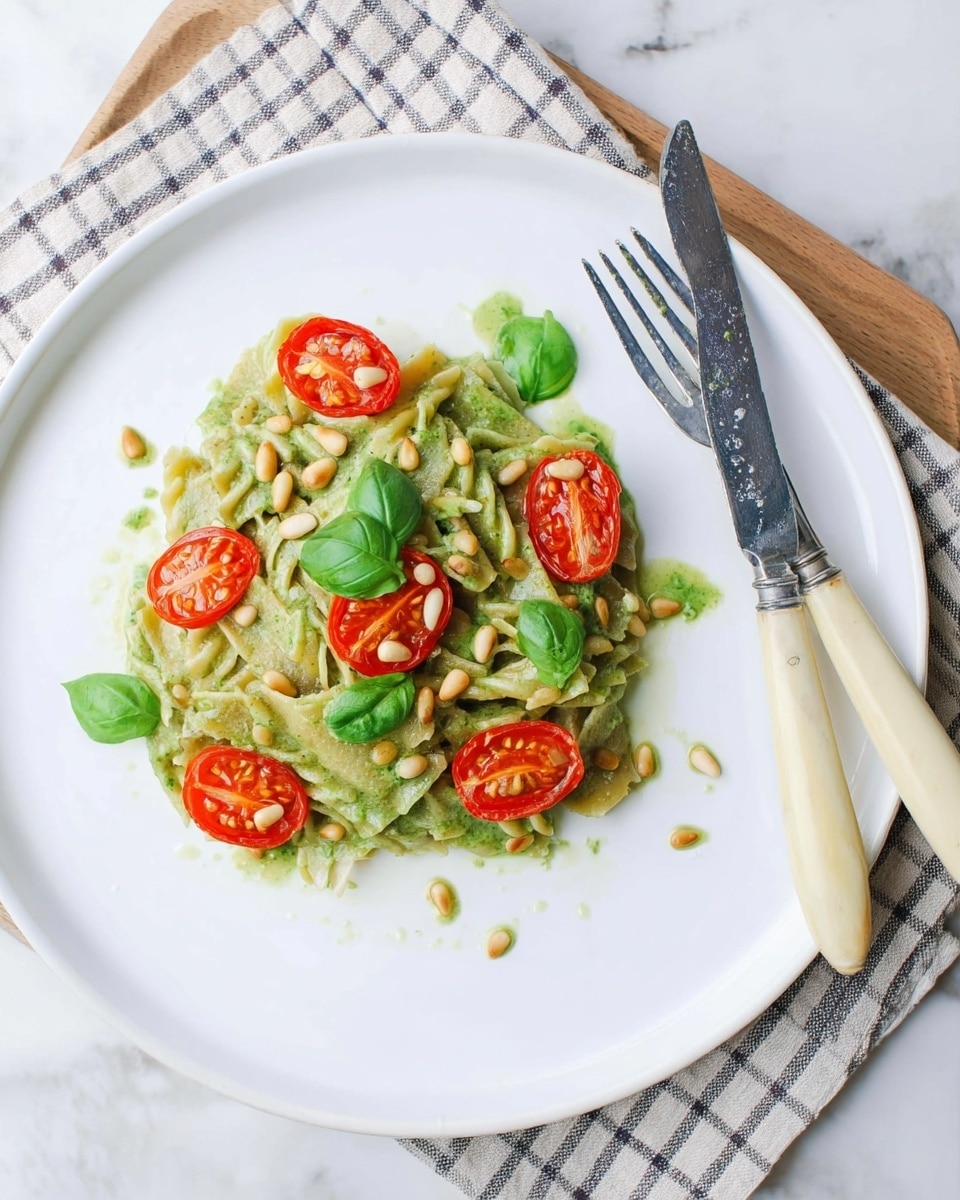 The dish shows one layer of green pasta with a sauce that looks creamy and slightly oily, spread on a white plate. On top of the pasta, there are several red cherry tomato halves evenly placed around, adding a bright contrast. Small green basil leaves are scattered on the pasta and tomatoes. Light brown pine nuts are sprinkled in the middle and around the basil leaves. The plate rests on a white marbled surface with a folded cloth napkin in a checkered pattern nearby. A fork and a knife with cream-colored handles sit to the right of the plate. Photo taken with an iphone --ar 4:5 --v 7