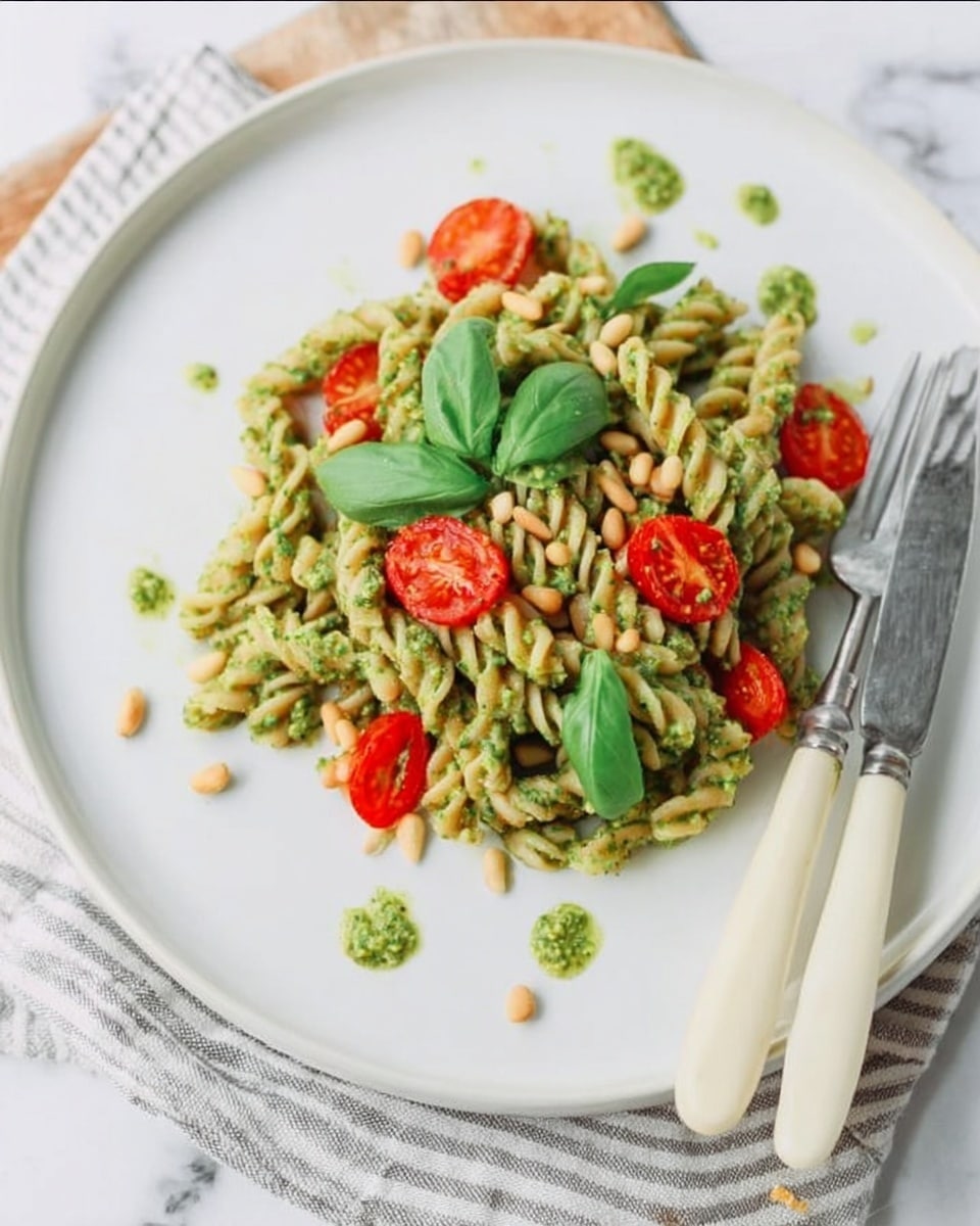 A white plate with a small pile of green pesto fusilli pasta in the center, mixed with some light sauce around it. On top of and around the pasta, there are bright red cherry tomato halves, fresh green basil leaves, and scattered off-white pine nuts. The plate is placed on a white marbled surface with a striped cloth napkin to the side, and a knife and fork with off-white handles rest on the right edge of the plate. photo taken with an iphone --ar 4:5 --v 7