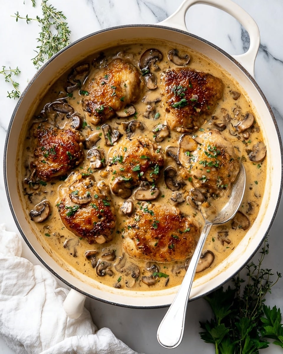 A round white pot filled with six browned chicken pieces partially covered in a creamy light brown sauce with visible sliced mushrooms scattered on top and throughout the sauce. Small green herb leaves are sprinkled over the dish, adding a fresh contrast. A silver spoon rests inside the pot on the right side. The pot is placed on a white marbled surface with some sprigs of fresh herbs to the right and a white cloth napkin partially under the pot on the left. Photo taken with an iphone --ar 4:5 --v 7