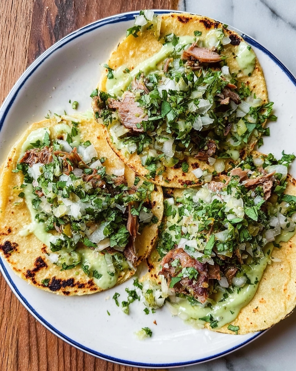 A woman's hand is holding a taco made from a grilled yellow corn tortilla with some black grill marks. Inside the taco, there are small pieces of grilled meat with a browned texture, topped with finely chopped white onions and green cilantro. The taco also has a green creamy sauce that looks like guacamole spread on the tortilla’s inside. Below the taco being held, there is a white plate with two more tacos filled similarly with chopped meat, onions, cilantro, and green sauce. The plate is placed on a white marbled surface. photo taken with an iphone --ar 4:5 --v 7