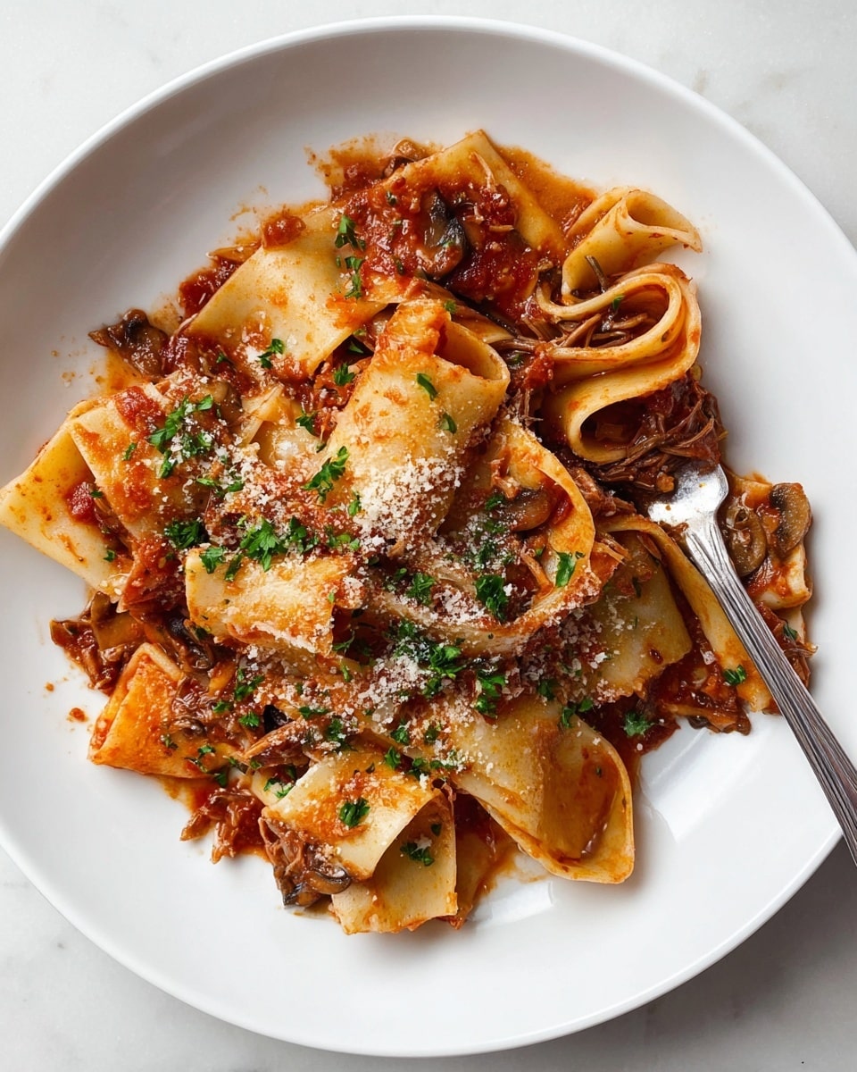 A white plate holds wide pappardelle pasta in a thick red tomato sauce with pieces of shredded dark brown meat evenly mixed throughout. The pasta layers are soft and flat, some overlapping each other, soaking the sauce. The top left area is sprinkled with light beige grated cheese and bright green chopped herbs. A silver fork with a few pasta ribbons and sauce is placed at the bottom right, resting on the plate. All is set on a white marbled surface. photo taken with an iphone --ar 4:5 --v 7