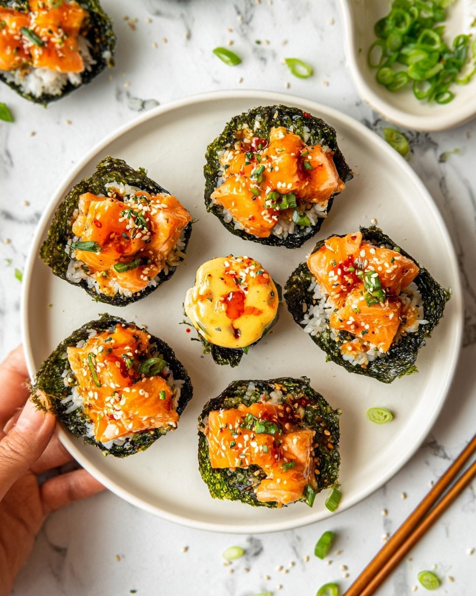 The dish shows six small nori seaweed cups forming the base, dark green and textured, each filled with a layer of white rice at the bottom. On top, there are chunks of orange-colored cooked salmon with a slightly shiny and soft texture, drizzled with a smooth, bright orange sauce. The salmon is scattered with small green sliced spring onions and white sesame seeds for garnish. The cups are arranged close together on a white plate with a slight speckled pattern, placed on a white marbled surface. In the background, a white bowl filled with more green sliced spring onions is visible, along with a beige baking tray holding more of the seaweed cups. Photo taken with an iphone --ar 4:5 --v 7