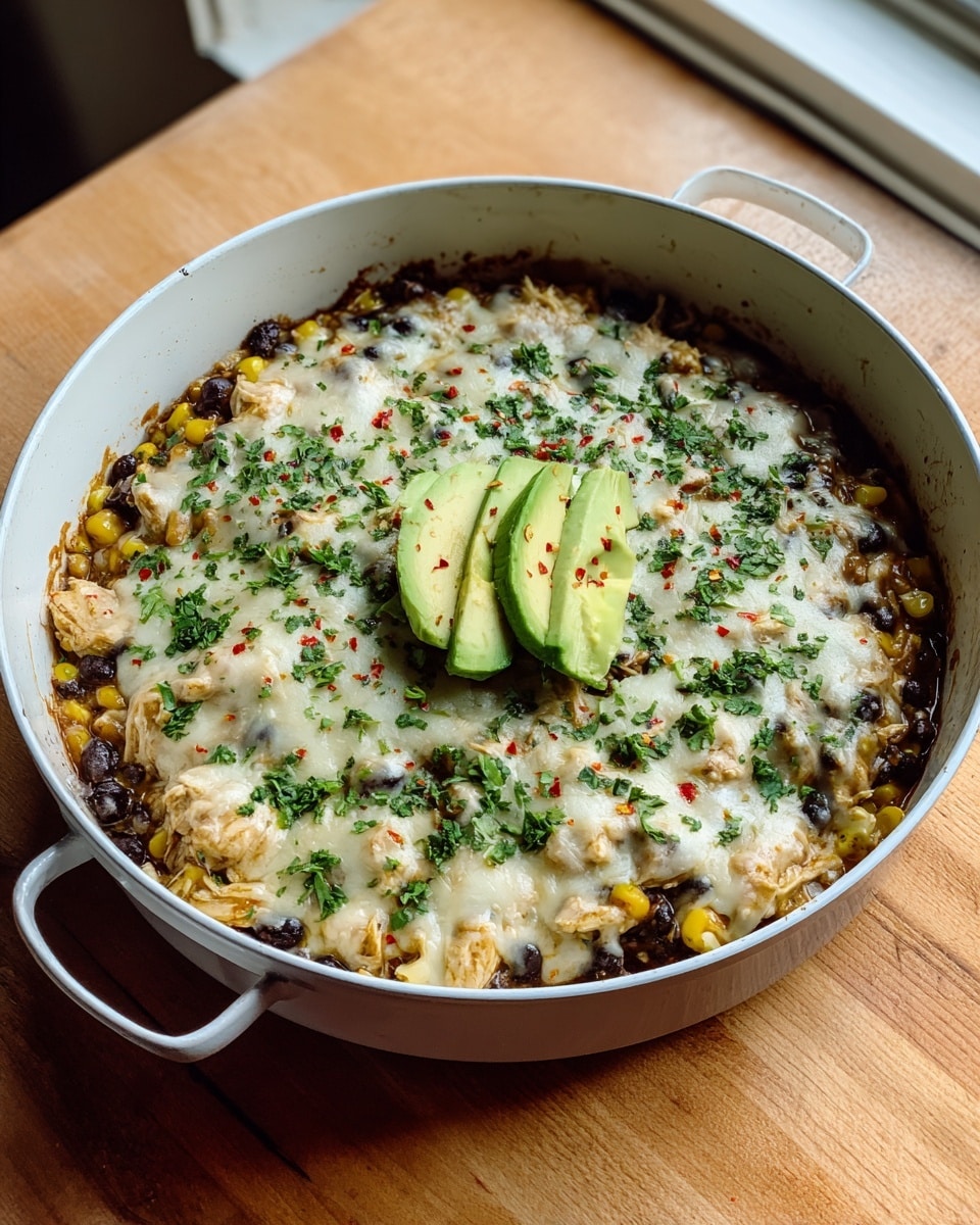 A white pan filled with a layered dish starting with a base layer of shredded light brown chicken mixed with white rice and scattered black beans and yellow corn. On top, there is a layer of melted white cheese evenly spread, sprinkled with chopped green cilantro and small red chili flakes. Two slices of light green avocado are placed near the middle, slightly overlapping. The pan sits on a wooden surface with a small white bowl of chopped green herbs in the background and a crumpled white cloth nearby. Photo taken with an iphone --ar 4:5 --v 7