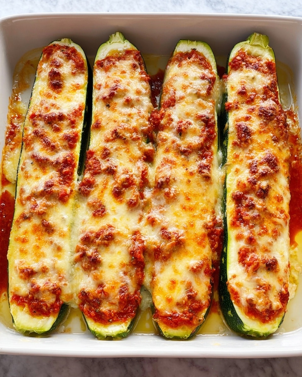 The image shows six long zucchini halves placed side by side in a white rectangular baking dish on a white marbled surface. Each zucchini half has three visible layers: a green and white base of zucchini, a middle layer of orange-red sauce mixed with small bits, and a top layer of melted cheese that is light golden brown with some darker crispy spots, covering the sauce evenly. The cheese has a slightly bubbly texture and looks soft and smooth. photo taken with an iphone --ar 4:5 --v 7