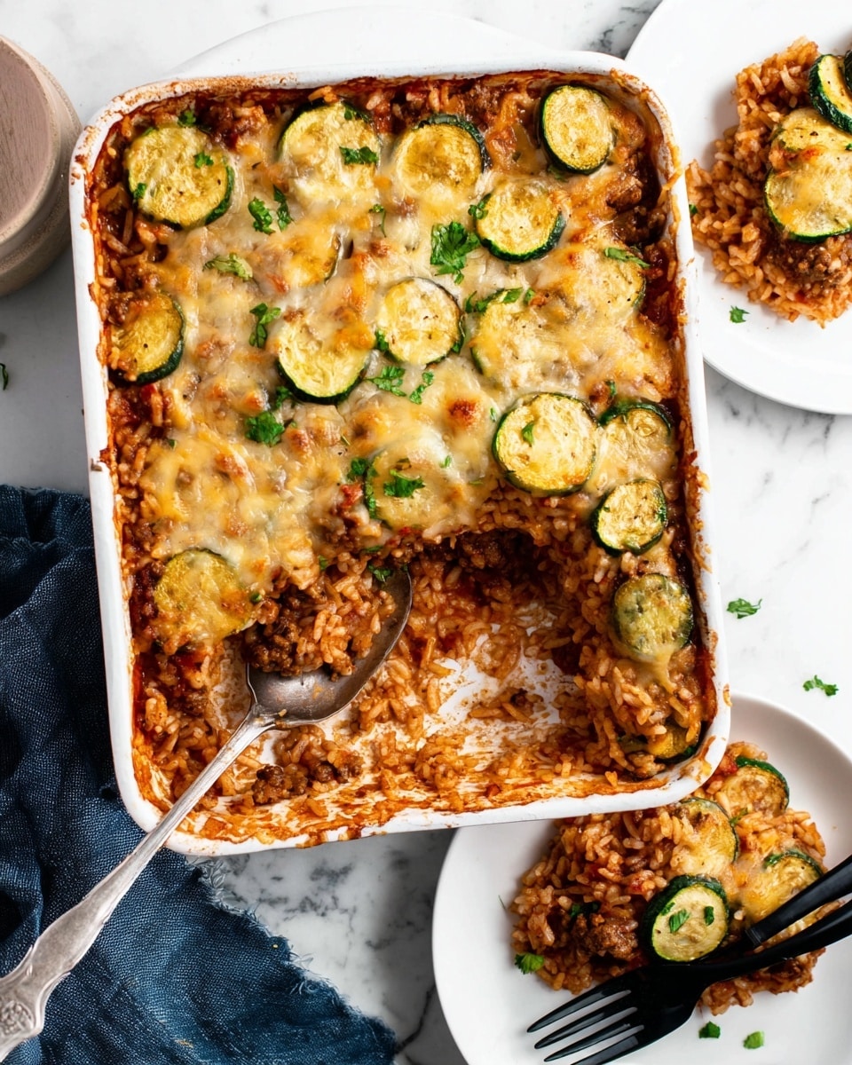 The image shows a clear glass baking dish filled with a casserole that has multiple layers. The bottom layer seems to be cooked ground meat mixed with small pieces of tomato, topped with thick slices of green zucchini scattered evenly. Above the zucchini, there is a layer of melted white cheese covering the entire top, with small patches of browned spots indicating baking. The dish is placed on a round woven mat, set on a white marbled surface. Photo taken with an iphone --ar 4:5 --v 7