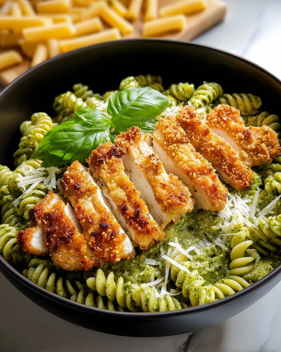 A black bowl holds a dish with three main layers: the bottom layer is green fusilli pasta coated in bright green pesto sauce, the middle layer is golden-brown breaded chicken slices arranged in a fan shape, revealing the white meat inside, and the top layer is a sprinkle of grated light yellow cheese with a fresh, green basil leaf on top for garnish. The bowl is placed on a white marbled surface. Photo taken with an iphone --ar 4:5 --v 7