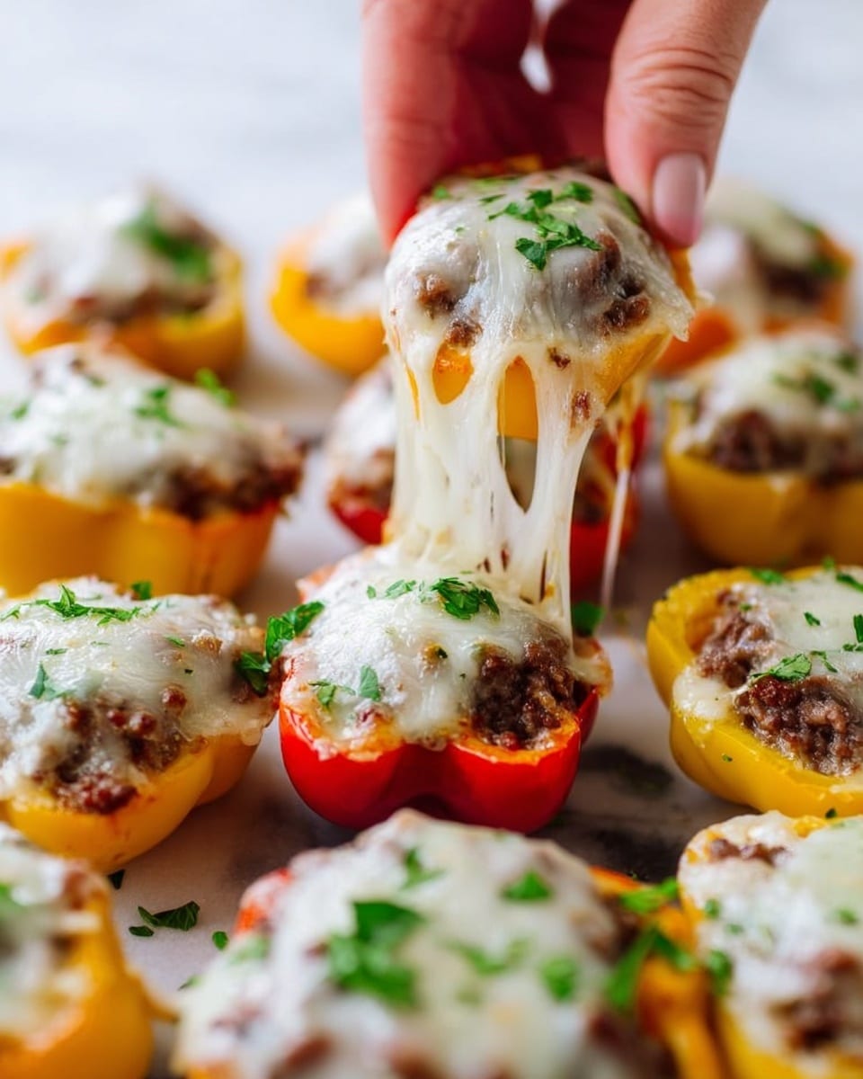 The image shows many mini bell pepper halves, each filled with a layer of cooked ground meat topped with melted, white cheese that stretches slightly as a woman's hand picks one up from the white plate. Small green parsley pieces are sprinkled over the peppers and cheese, adding a fresh touch. The peppers are bright red and orange with a smooth texture, the meat is brown and crumbly, and the cheese is creamy and soft. The peppers are arranged closely on the plate, which sits on a white marbled surface. photo taken with an iphone --ar 4:5 --v 7