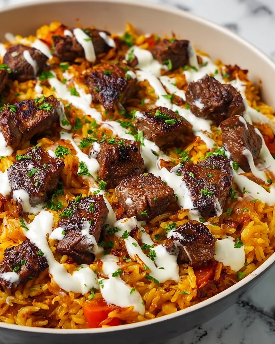 The image shows a close-up of a dish in a white pan with a white marbled background. The dish has three visible layers: the bottom layer is golden-orange rice mixed with small pieces of bright orange vegetables, the middle layer consists of dark brown grilled meat chunks scattered evenly, and the top layer has thin white sauce drizzles and small green herbs sprinkled all over. The textures range from soft and fluffy rice to slightly crispy edges on the meat, with a smooth sauce finishing the look. photo taken with an iphone --ar 4:5 --v 7