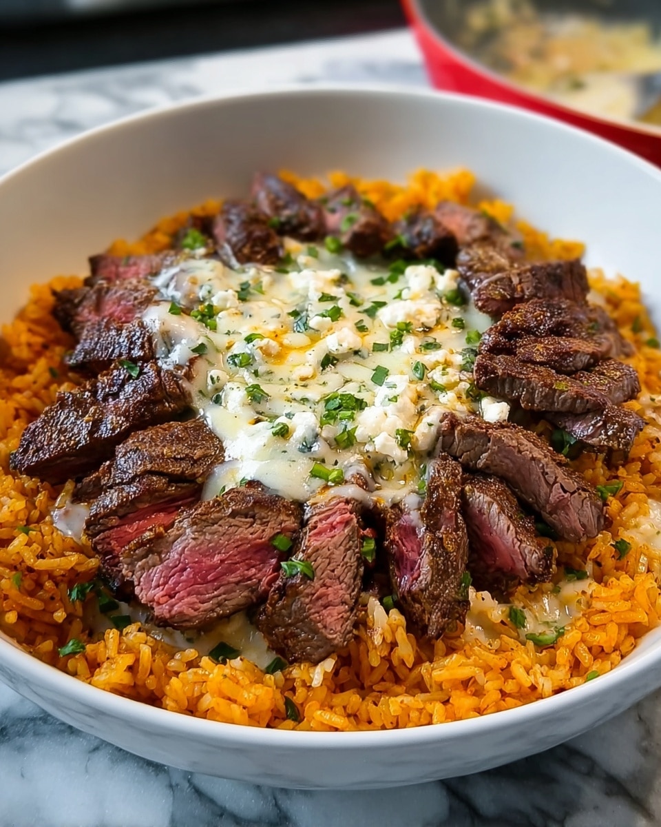 A white bowl holds a three-layer dish starting with a base layer of bright orange seasoned rice. On top of the rice are many slices of medium-rare steak, showing a dark brown outer crust with pink centers, arranged in a circle near the edge. The center of the steak-covered rice is topped with melted cheese that is white with some light yellow spots and sprinkled with small green herb pieces. The bowl sits on a white marbled surface. photo taken with an iphone --ar 4:5 --v 7