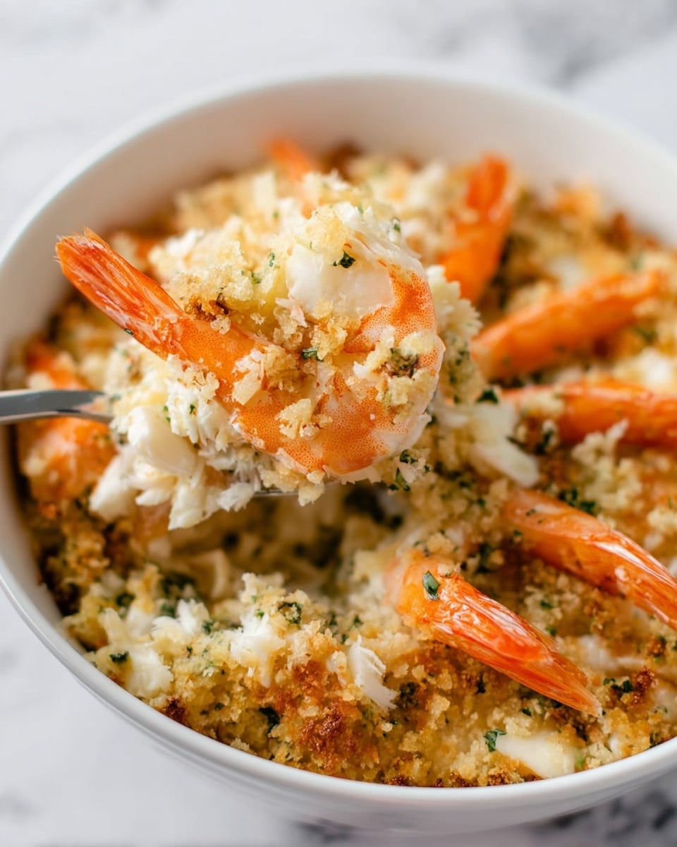 A blue baking dish filled with a baked shrimp casserole that has a golden brown crust mixed with green herbs and small red pieces, topped with bright orange whole shrimp arranged across the surface. Next to the dish is a white plate with a small serving of the casserole topped with one shrimp, accompanied by a lemon wedge and a silver fork with intricate design on the handle. In the background, there is a dark plate with a fresh salad made of green leafy lettuce, shredded carrot, halved red cherry tomatoes, and thin slices of purple onion. The whole scene is on a white marbled surface with two lemon halves visible. Photo taken with an iphone --ar 4:5 --v 7