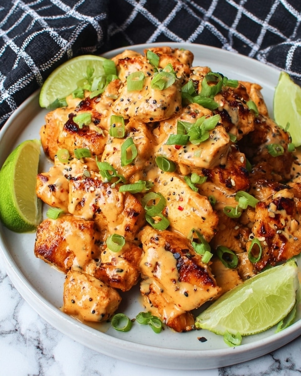 The image shows a pile of golden-brown grilled chicken pieces on a white plate. The chicken is covered with a creamy orange sauce that has visible black and red specks. Small green onion slices are sprinkled on top, adding a fresh green color. Lime wedges are placed around the chicken, adding bright green contrast to the dish. The plate is set on a white marbled surface with a black and white checkered cloth in the background. photo taken with an iphone --ar 4:5 --v 7