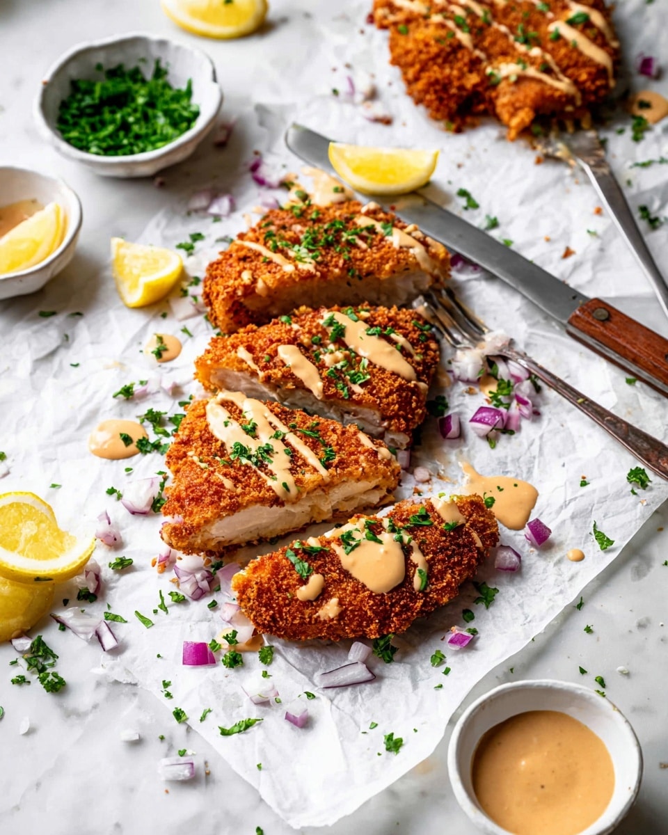 Four pieces of crispy fried chicken with a dark golden brown crust are placed on white crumpled parchment paper. The chicken pieces have a firm, crunchy texture with small crunchy bits visible on the surface. Scattered on top are small pieces of finely chopped red onions and fresh green parsley. Around the chicken, there are fresh green parsley sprigs and lemon wedges for decoration. Above and below the chicken, there are two white bowls, one with finely chopped red onions and one with chopped green herbs. At the bottom, a white bowl filled with creamy beige dipping sauce and a small gold spoon sticking out is also visible. The scene is set on a white marbled surface. Photo taken with an iphone --ar 4:5 --v 7