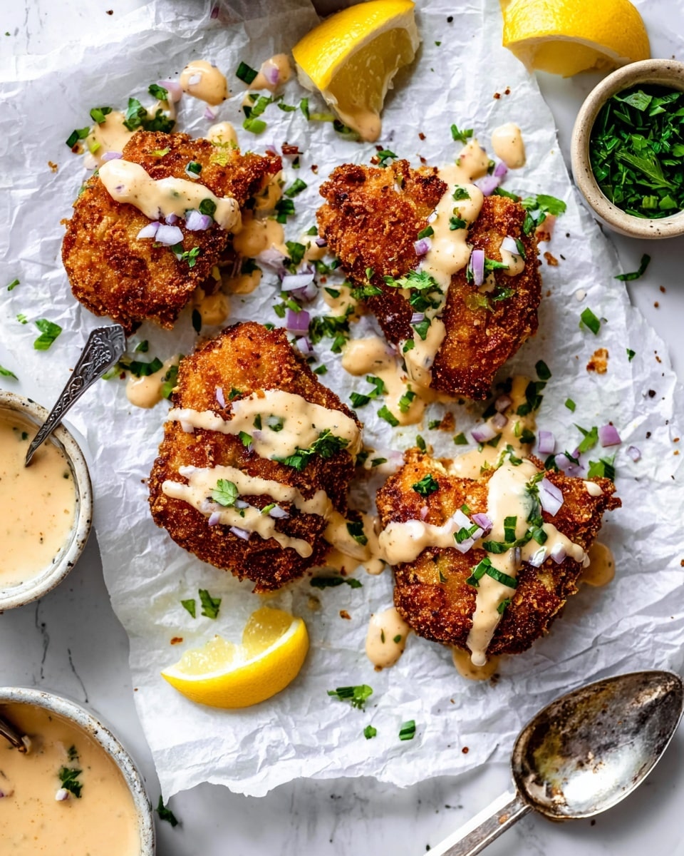 The image shows four pieces of crispy, dark golden brown fried food laid on white crinkled paper placed on a white marbled surface. Each piece is rough-textured with a crunchy coating and drizzled with creamy, light beige sauce that has tiny dark specks. Finely chopped light purple onions and green herbs are sprinkled over the pieces, adding color contrast. There are small fresh green herb leaves and lemon wedges around them. Some sauce is spilled near a silver spoon at the bottom, and a bowl with more sauce and another bowl with chopped green herbs sit at the edges. The setting looks bright and fresh with a focus on the food texture. Photo taken with an iphone --ar 4:5 --v 7