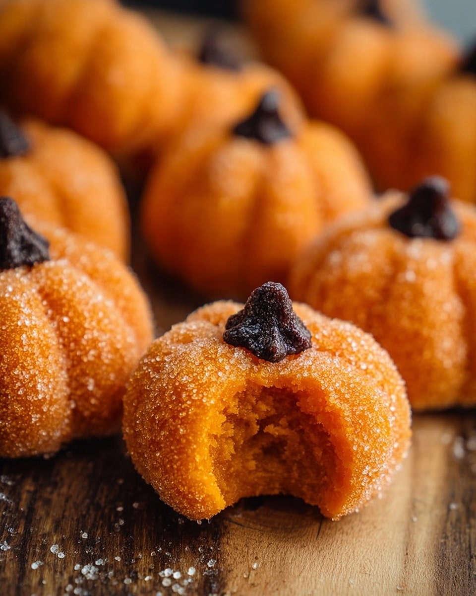 The image shows several small pumpkin-shaped treats with a sugar coating on a wooden surface. Each treat is bright orange with pumpkin-like ridges on the outside. On top of each treat, there is a small dark brown pointed piece that looks like a pumpkin stem. One of the treats in the front is bitten, showing a dense and soft orange inside with a smooth texture. The background is slightly blurred, making the pumpkin treats the main focus. Photo taken with an iphone --ar 4:5 --v 7
