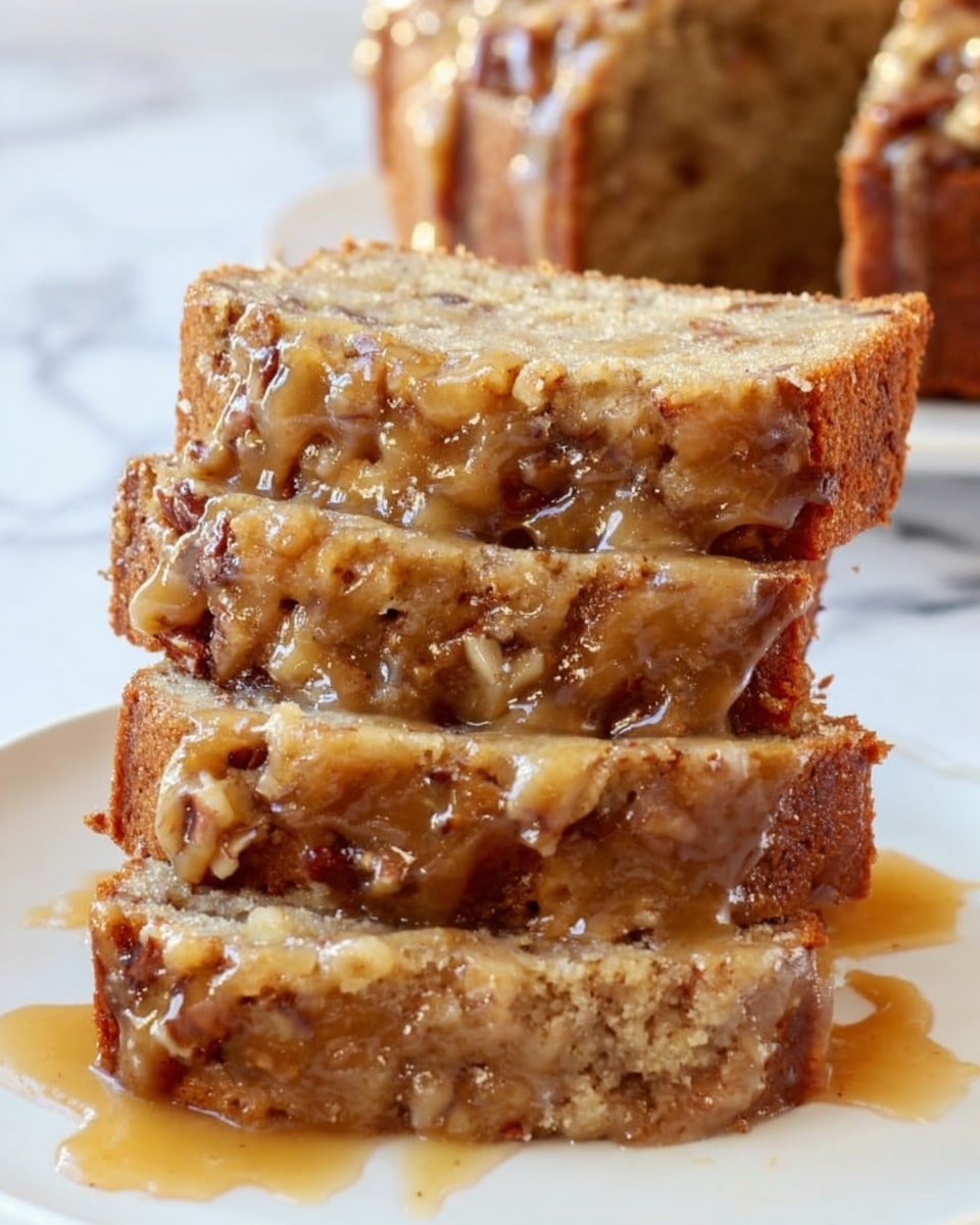 The image shows four slices of apple pecan cake arranged in a slightly leaning stack on a white plate, each slice revealing a dense, moist texture with visible pieces of apple and chopped pecans inside. The top layer is covered with a shiny caramel glaze that drips slightly over the edges, giving the cake a glossy, sticky look. The background features a white marbled surface with a blurred view of the remaining unsliced cake, which has a golden-brown crust with a similar caramel glaze on top. The lighting highlights the cake's moist crumb and rich caramel color. photo taken with an iphone --ar 4:5 --v 7