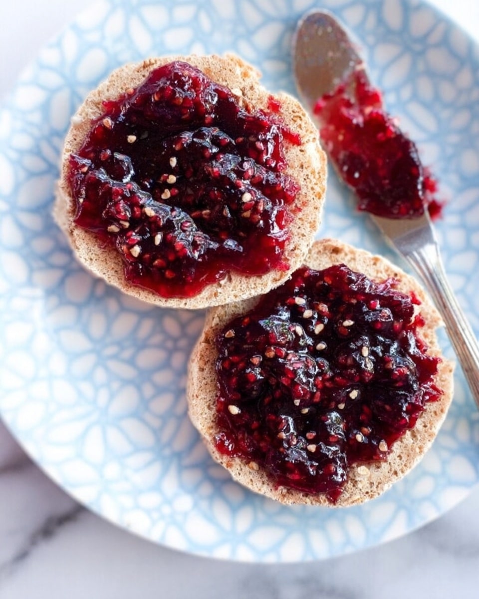 The image shows a toasted English muffin split into two halves on a white plate with a black rim, placed on a white marbled surface. One half of the muffin is covered with thick, dark purple berry jam with visible bits of fruit, giving a shiny and textured look. The other half is plain and golden brown toasted. In front of the muffin on the plate, there is a silver knife with some jam spread on its blade. Behind the plate, there is a small glass jar filled with the same berry jam, tied with a green and white string and a spoon inside it. There are also some green leaves with small purple flowers blurred in the background. Photo taken with an iphone --ar 4:5 --v 7